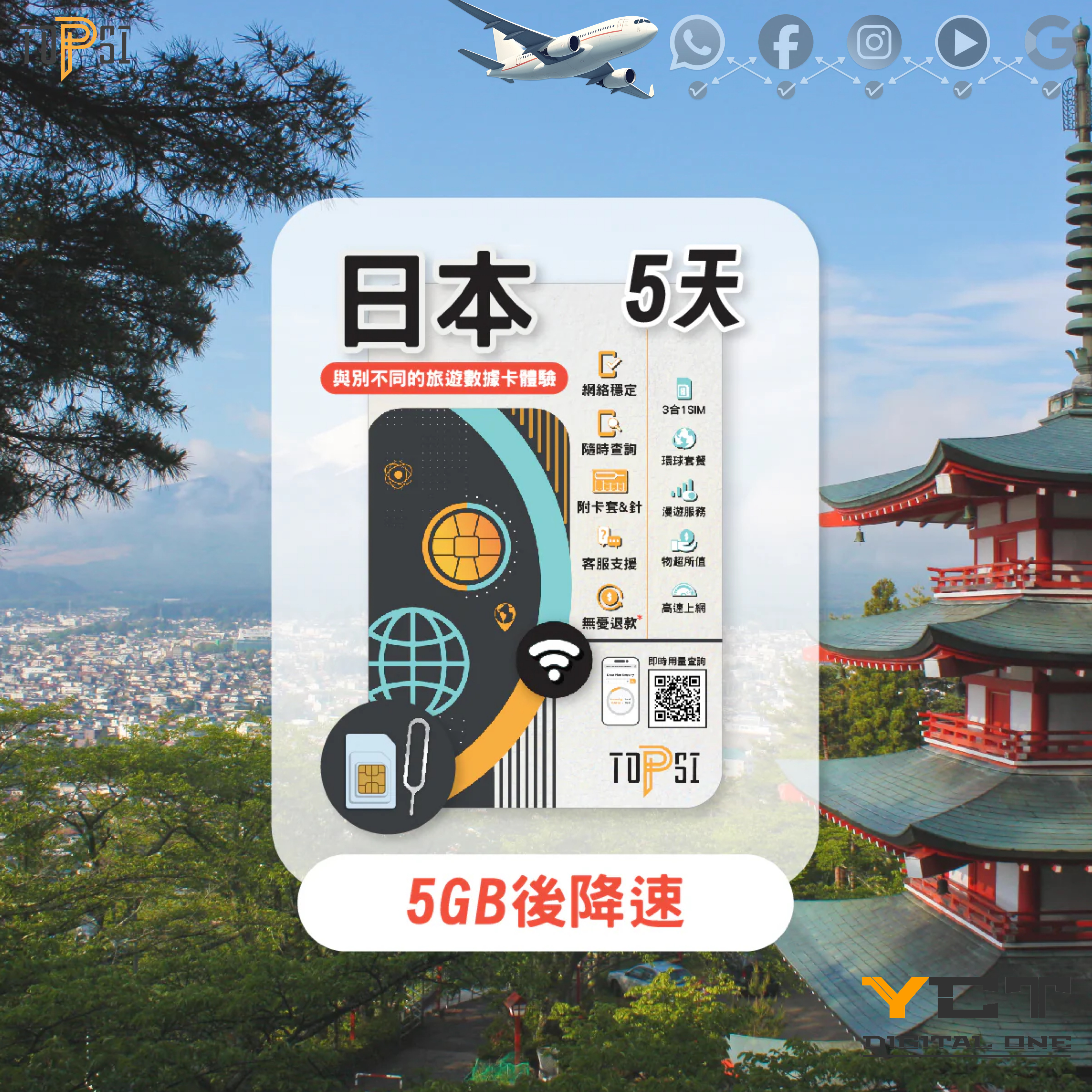 Topsi [4G LTE] 日本 5天 / 8天 / 15天 / 30天 Docomo 當地極速 無限數據
