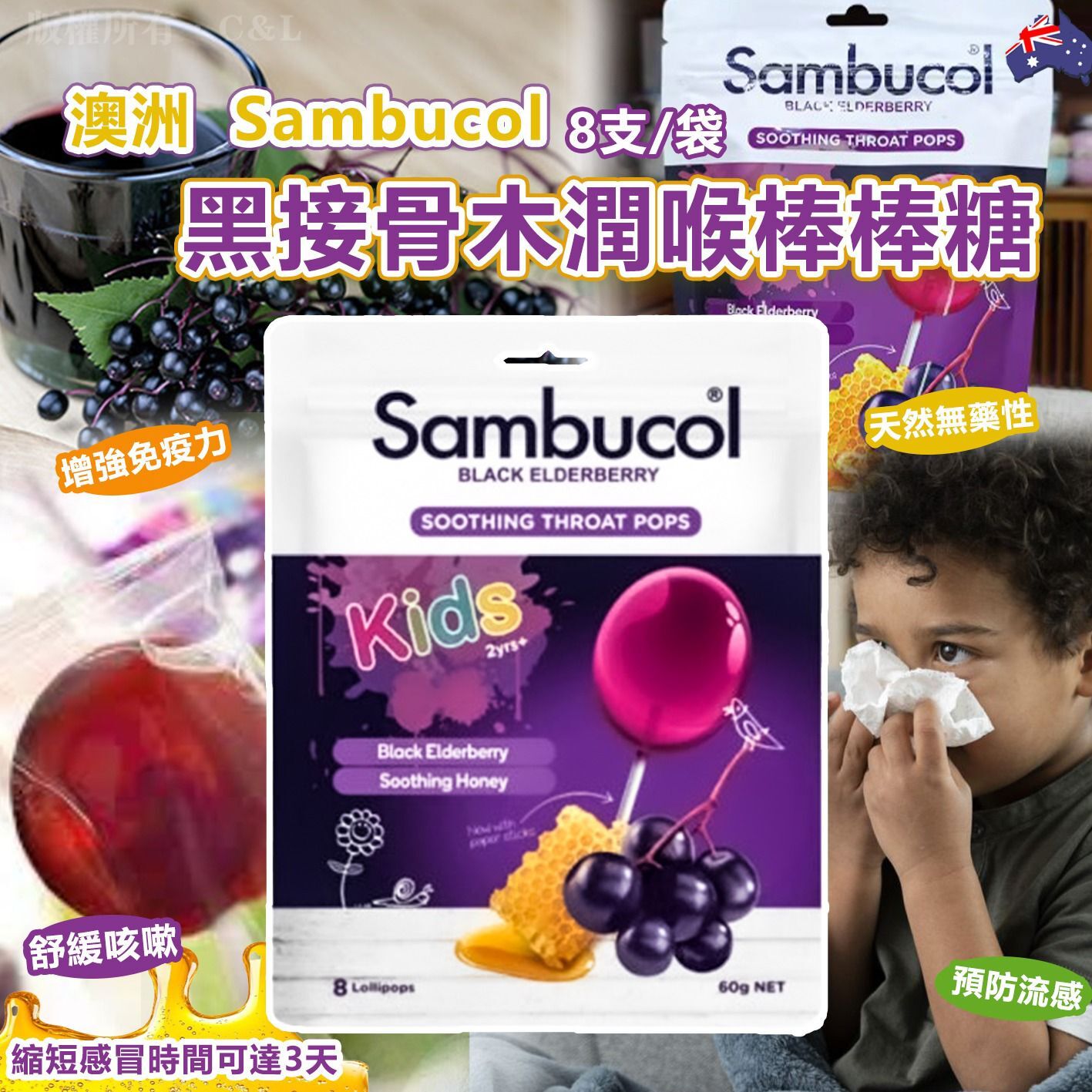 澳洲 Sambucol 黑接骨木潤喉棒棒糖8支/袋