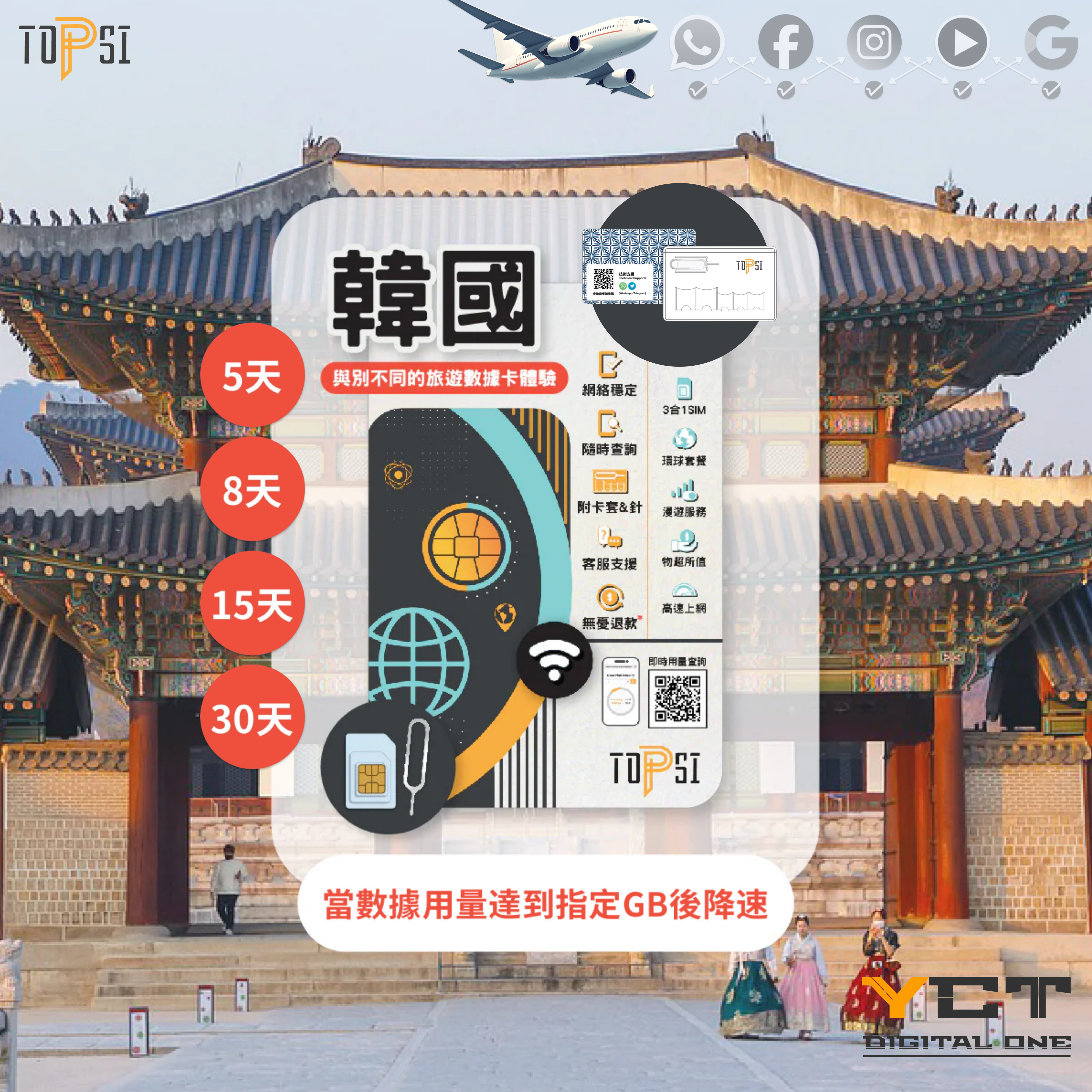 Topsi [4G LTE] 韓國 5天 / 8天 / 15天 / 30天 SK Telecom 當地極速 無限數據