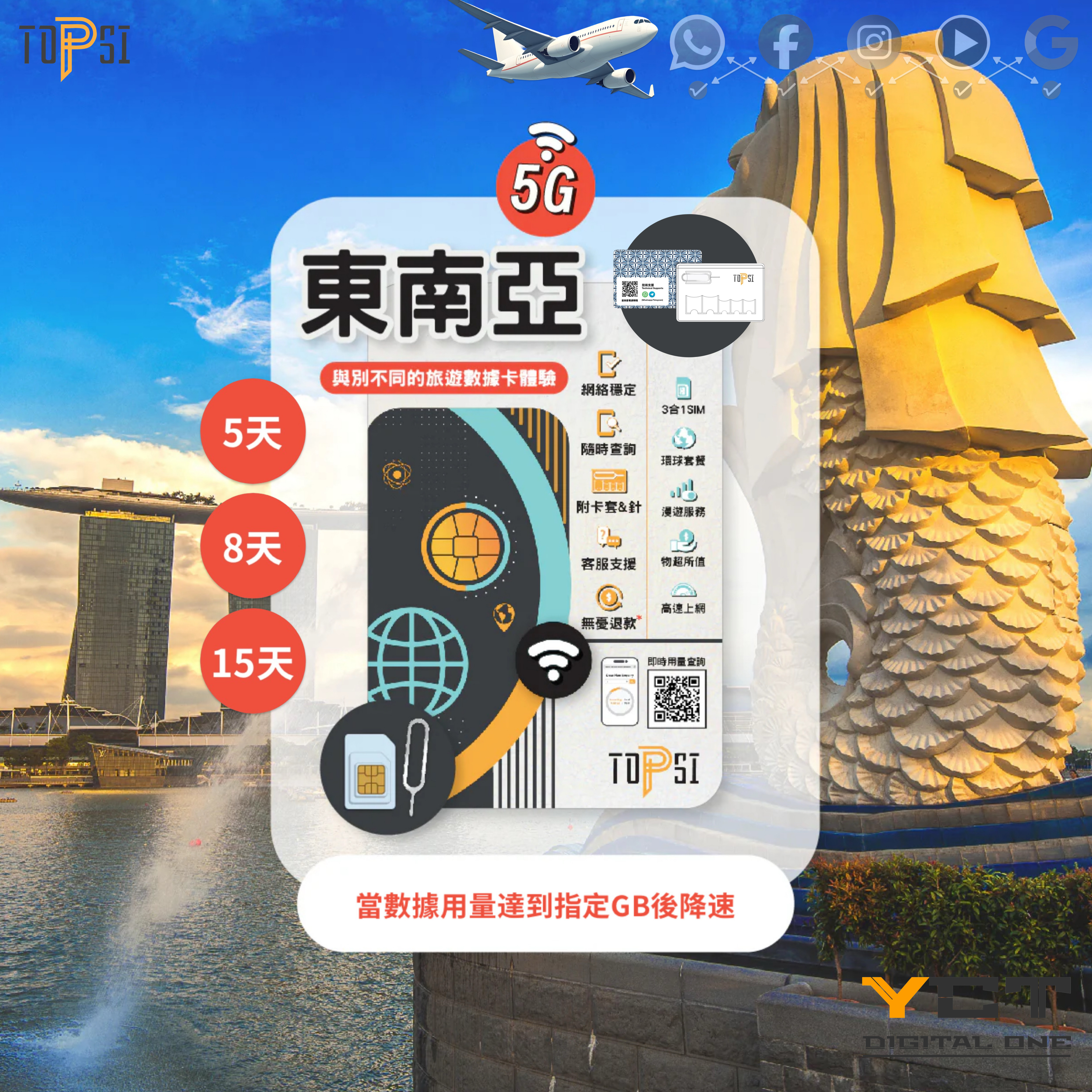 Topsi [5G] 東南亞 7國 (日本、韓國、馬來西亞、菲律賓、新加坡、泰國、越南 ) 5天 / 8天 / 15天 當地極速 無限數據