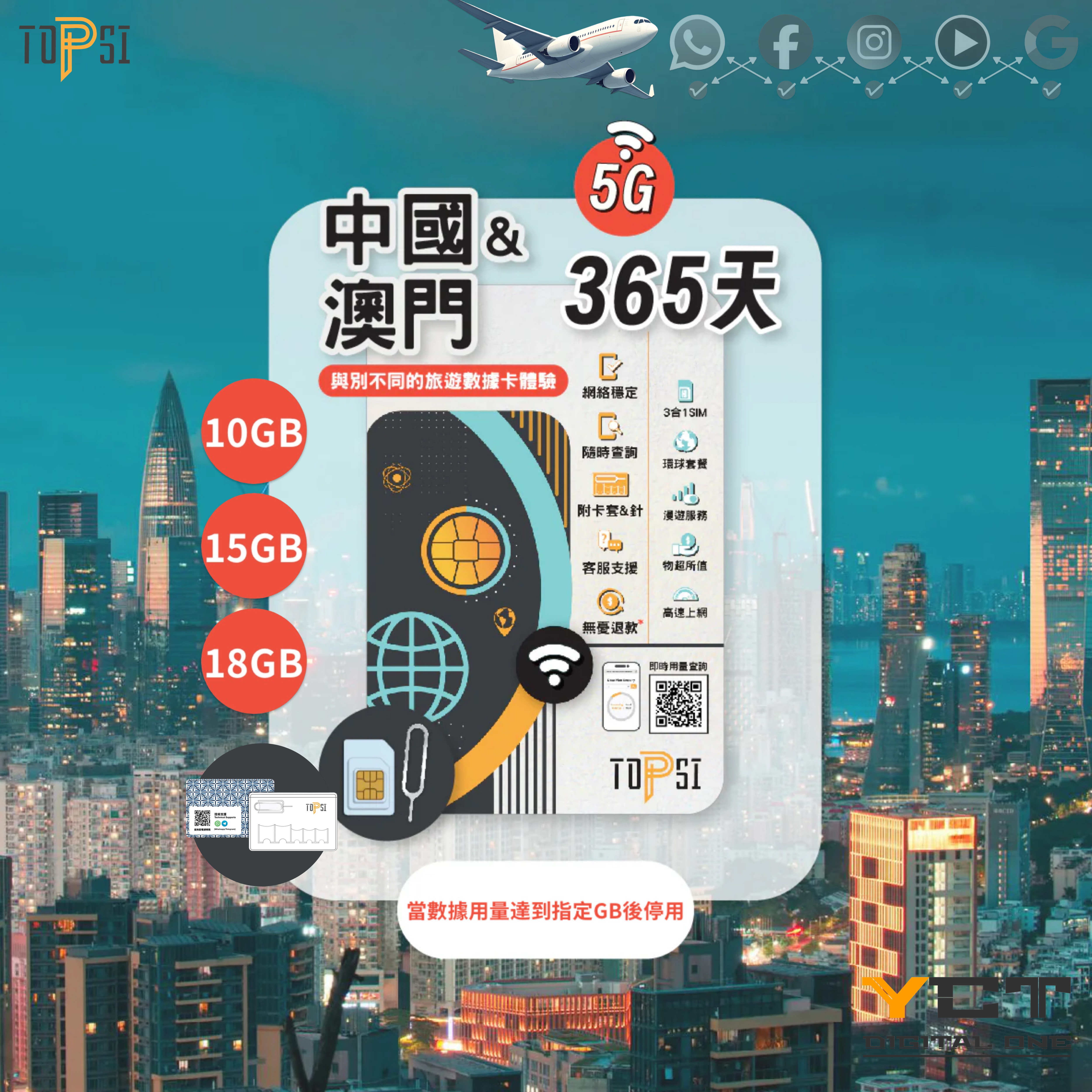 Topsi [5G] 中國大陸 & 澳門 365天 當地極速 無限數據