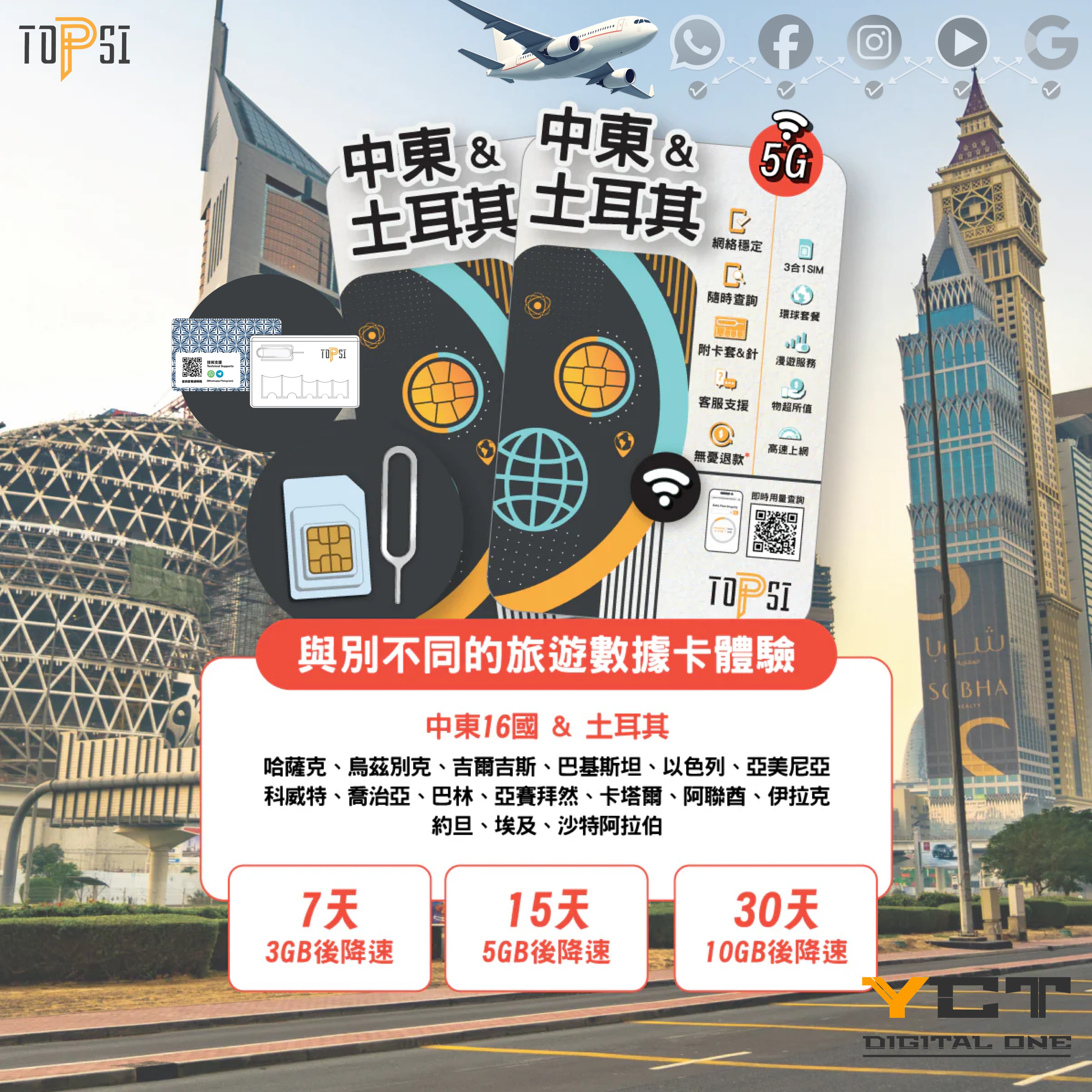 Topsi [5G] 中東16國 & 土耳其 7天 / 15天 / 30天 當地極速 無限數據
