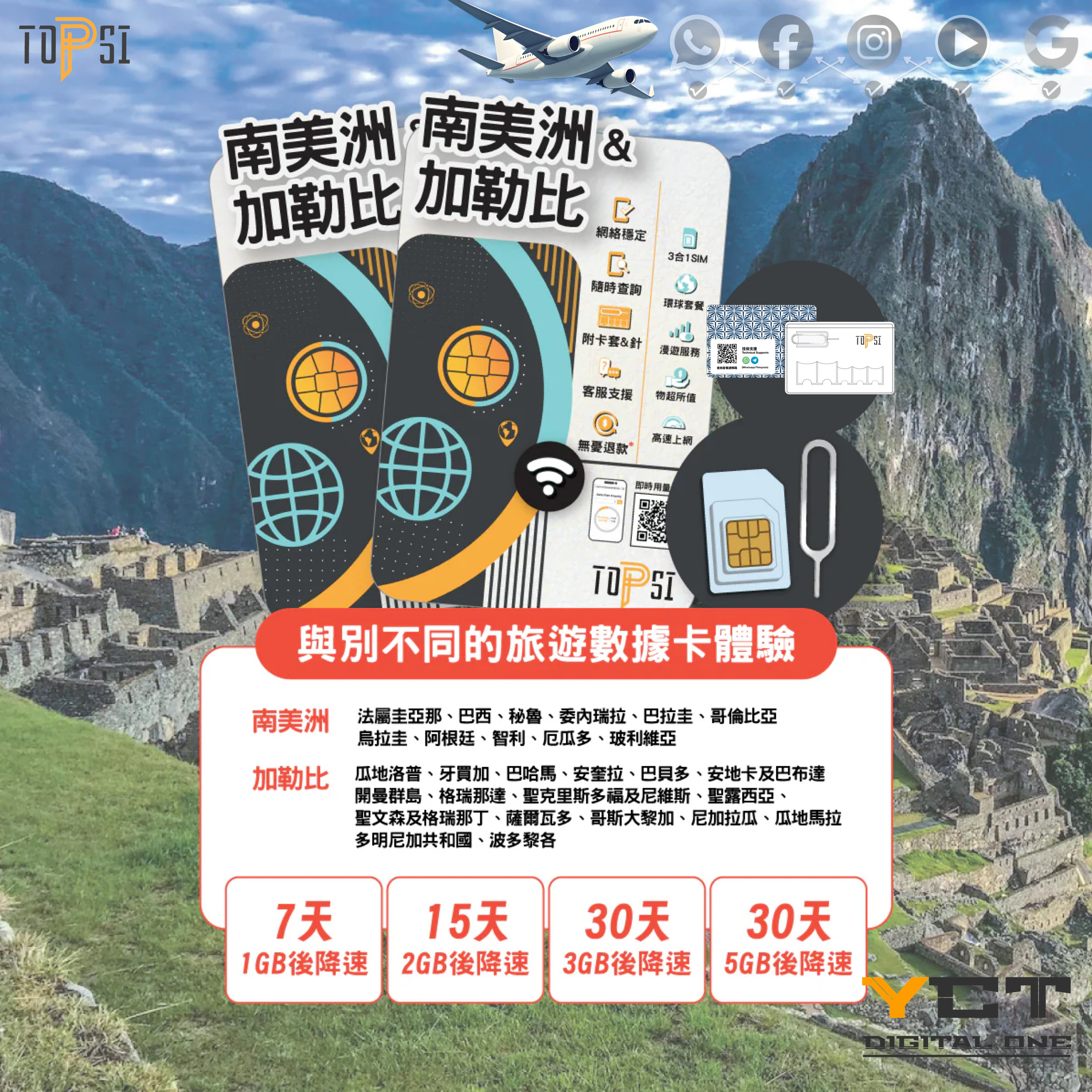 Topsi [4G LTE] 南美洲11 國 & 加勒比17國 7天 / 15天 / 30天 當地極速 無限數據
