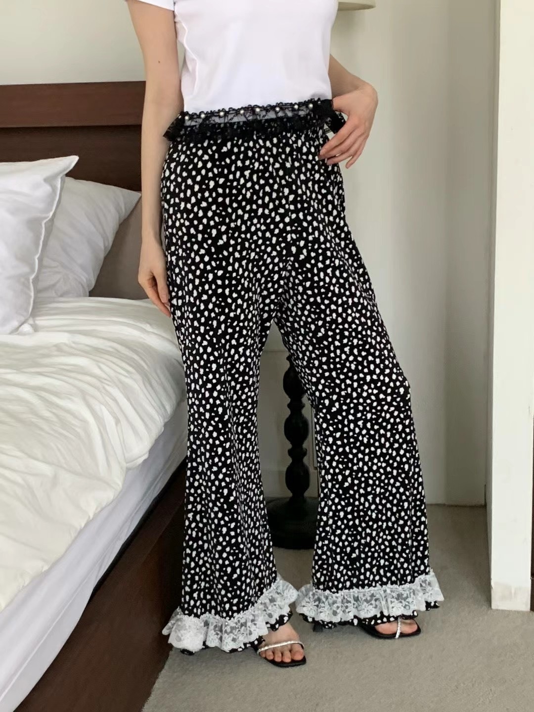 動物紋蕾絲褲腳長褲
