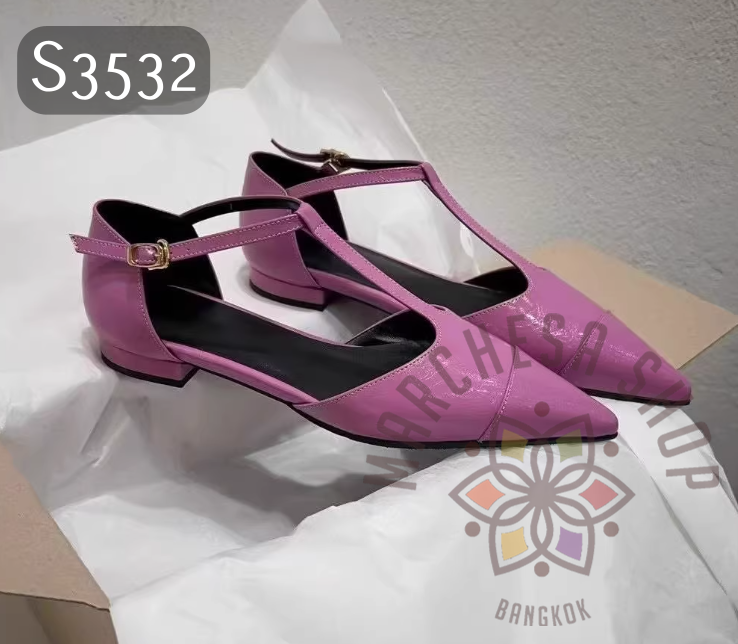 S3532 - 羊漆皮T帶復古尖頭平底鞋