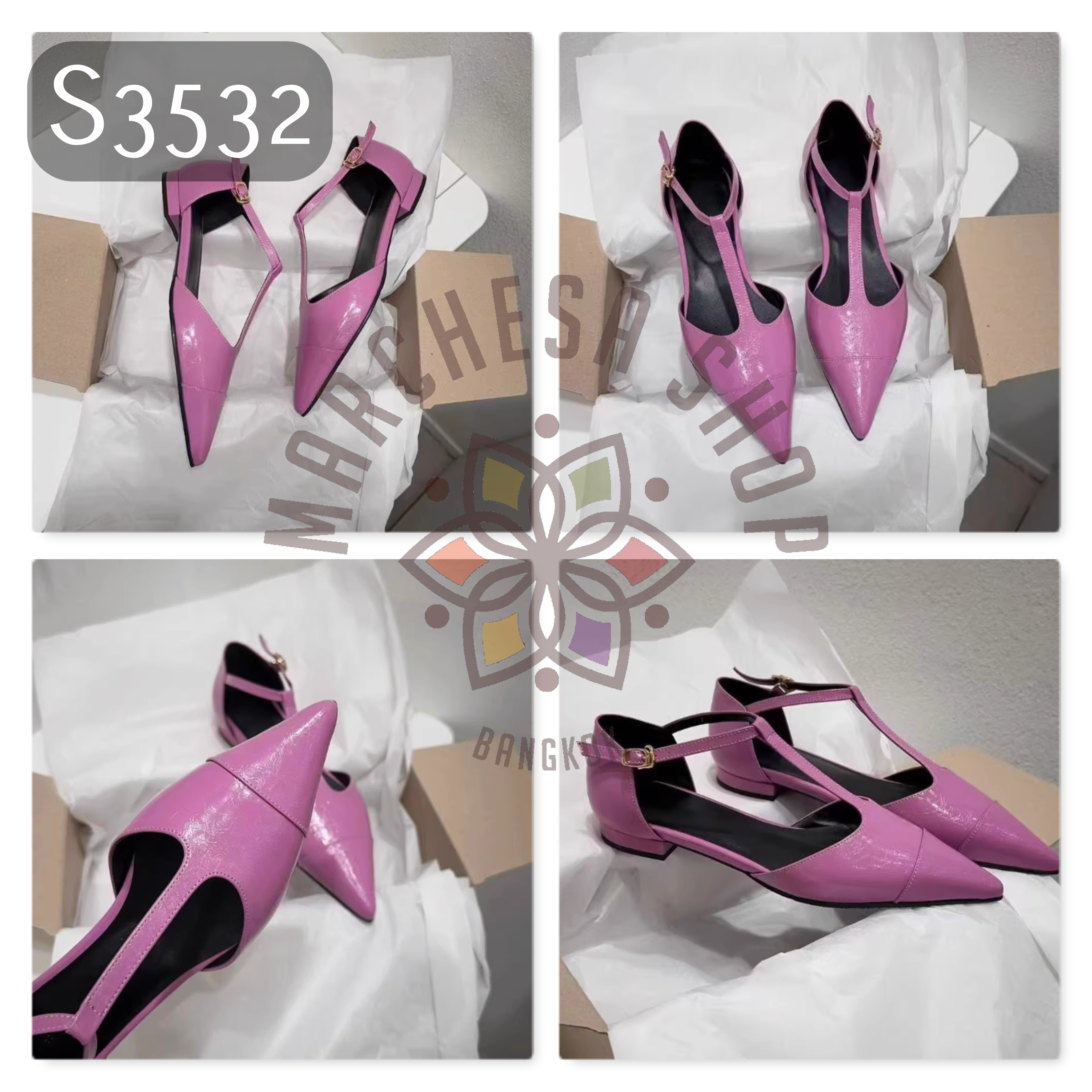 S3532 - 羊漆皮T帶復古尖頭平底鞋