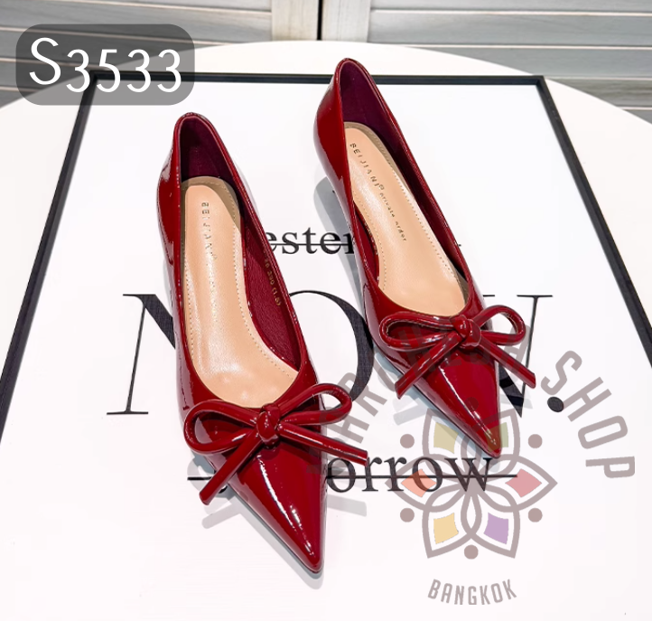 S3533 - 羊漆皮簡約蝴蝶結尖頭低踭鞋