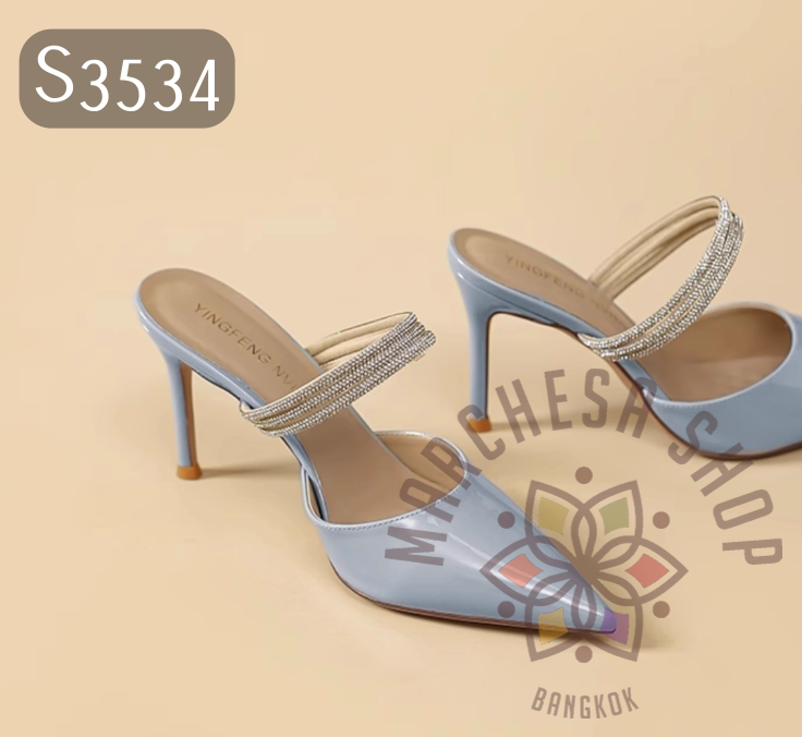 S3534 - 頭層羊漆皮Bling Bling一字帶尖頭高踭涼拖