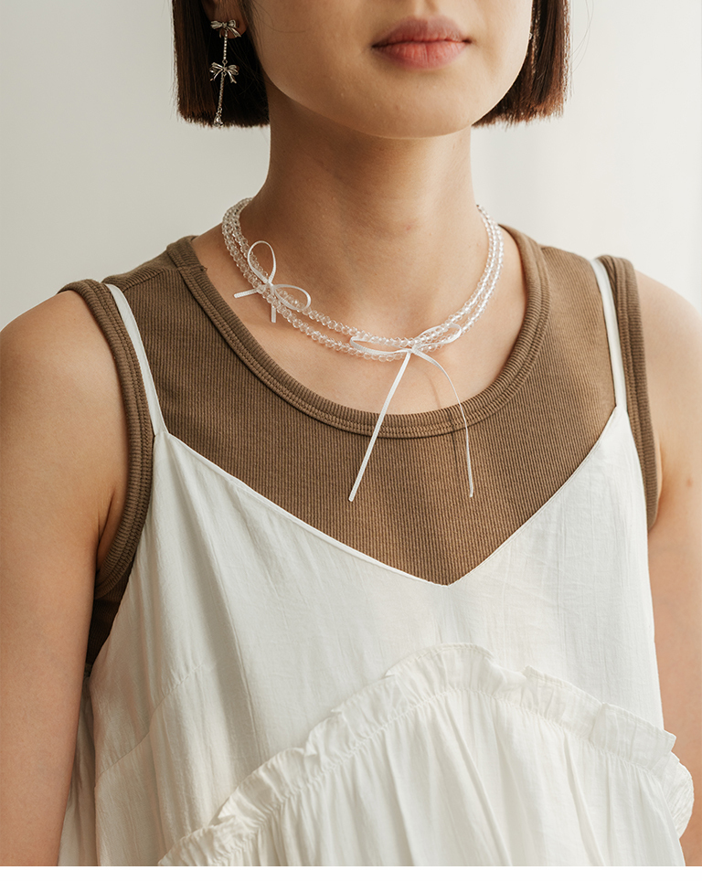 Bow Ribbon Double Beaded Necklace【07040386】in stock+pre-order
