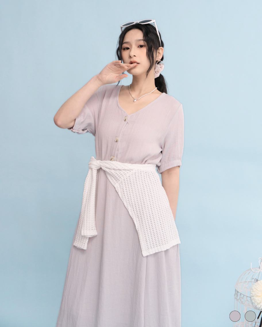 清新抽繩針織披肩棉麻感洋裝