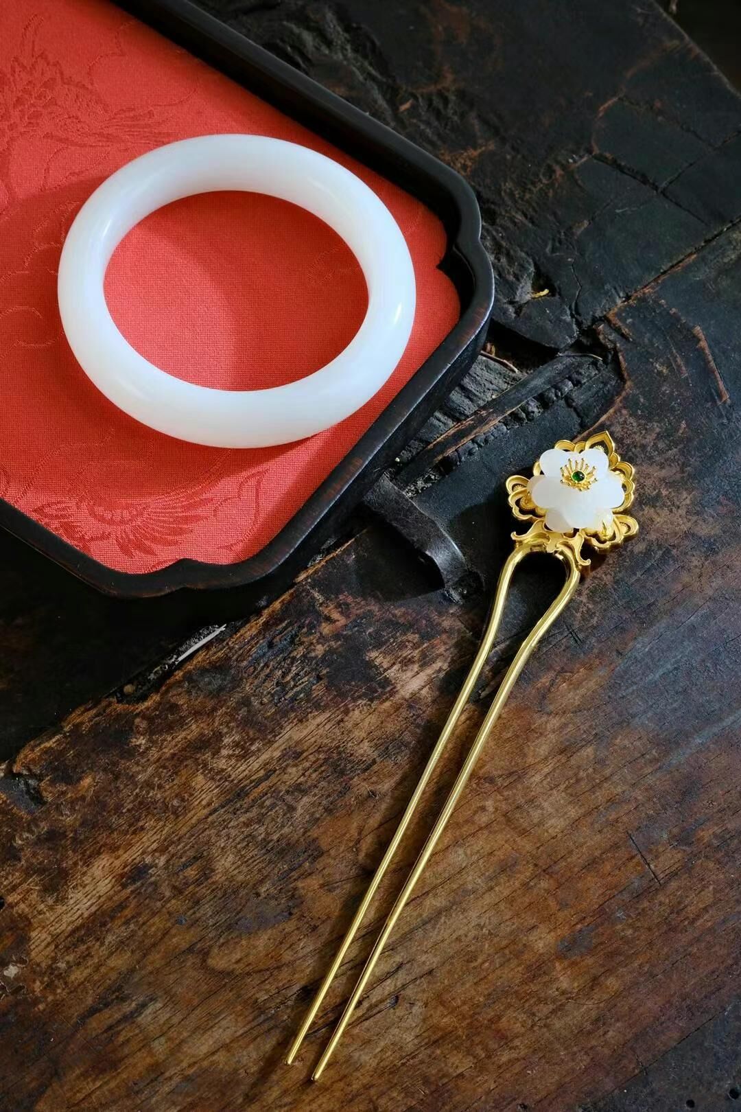 56.6mm和田玉羊脂白玉手鐲+發釵,天然和田玉軟玉