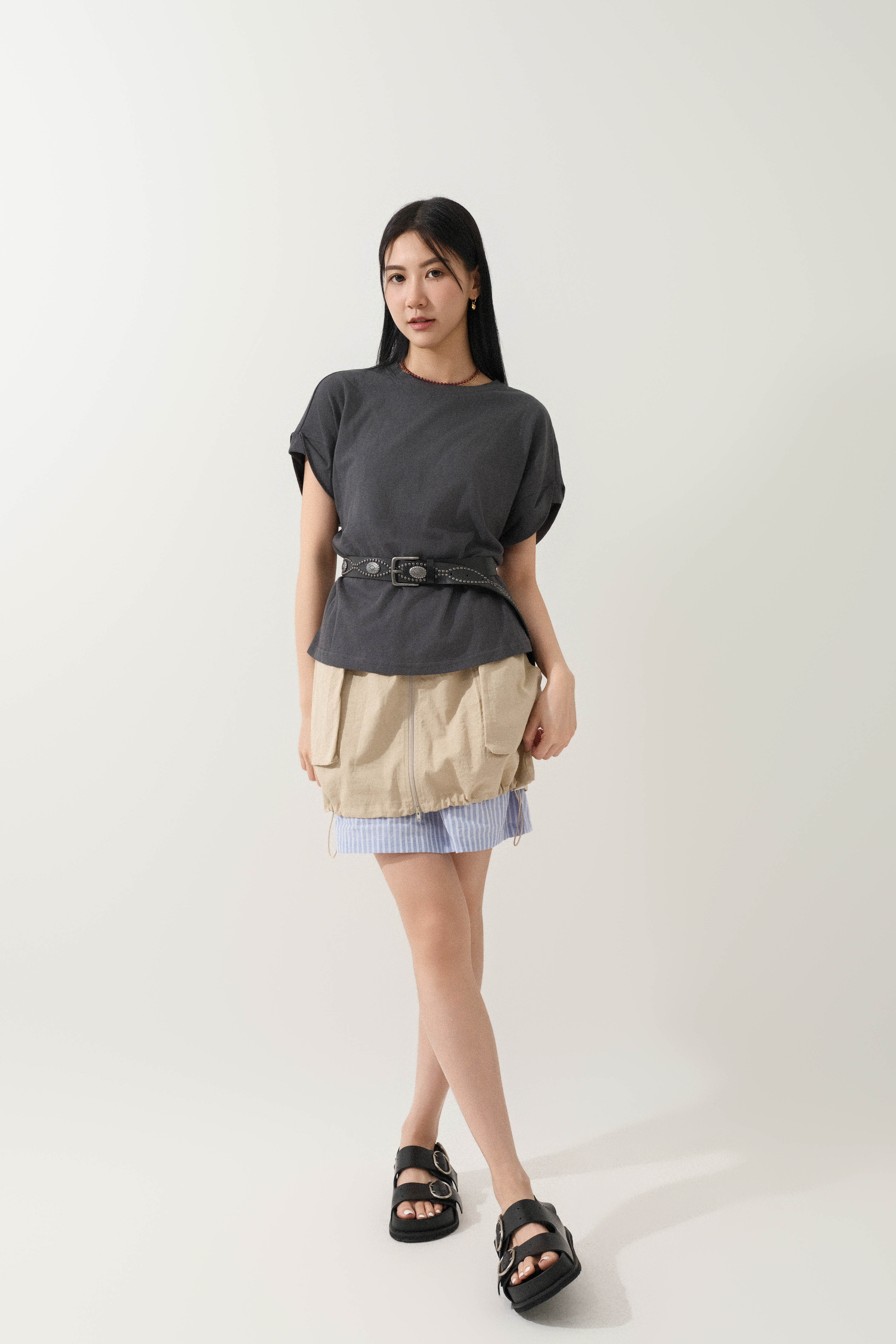 立體袋條子雙層短裙 (現貨款式）