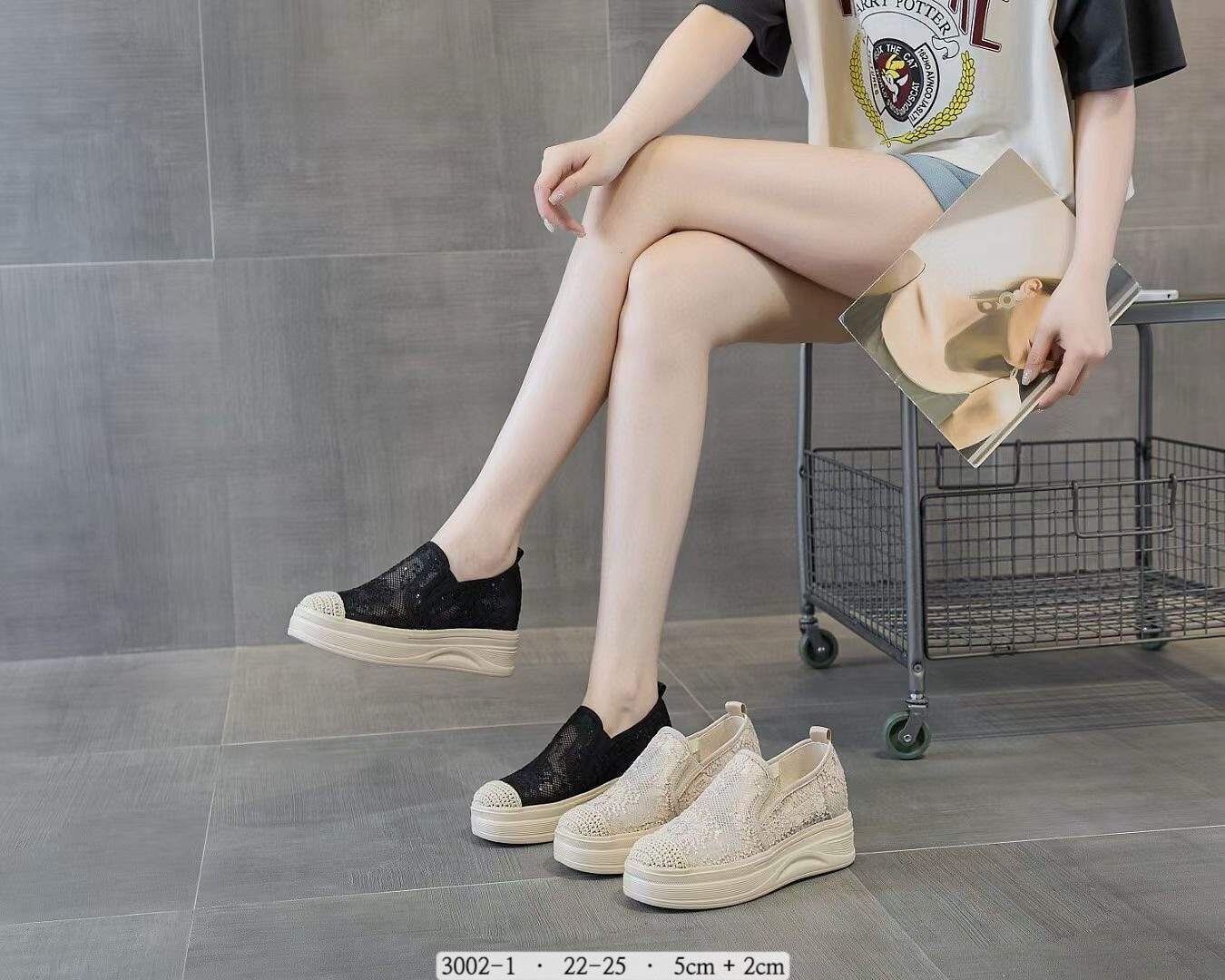 3002-1韓國刺繡蕾絲內增高厚底鞋