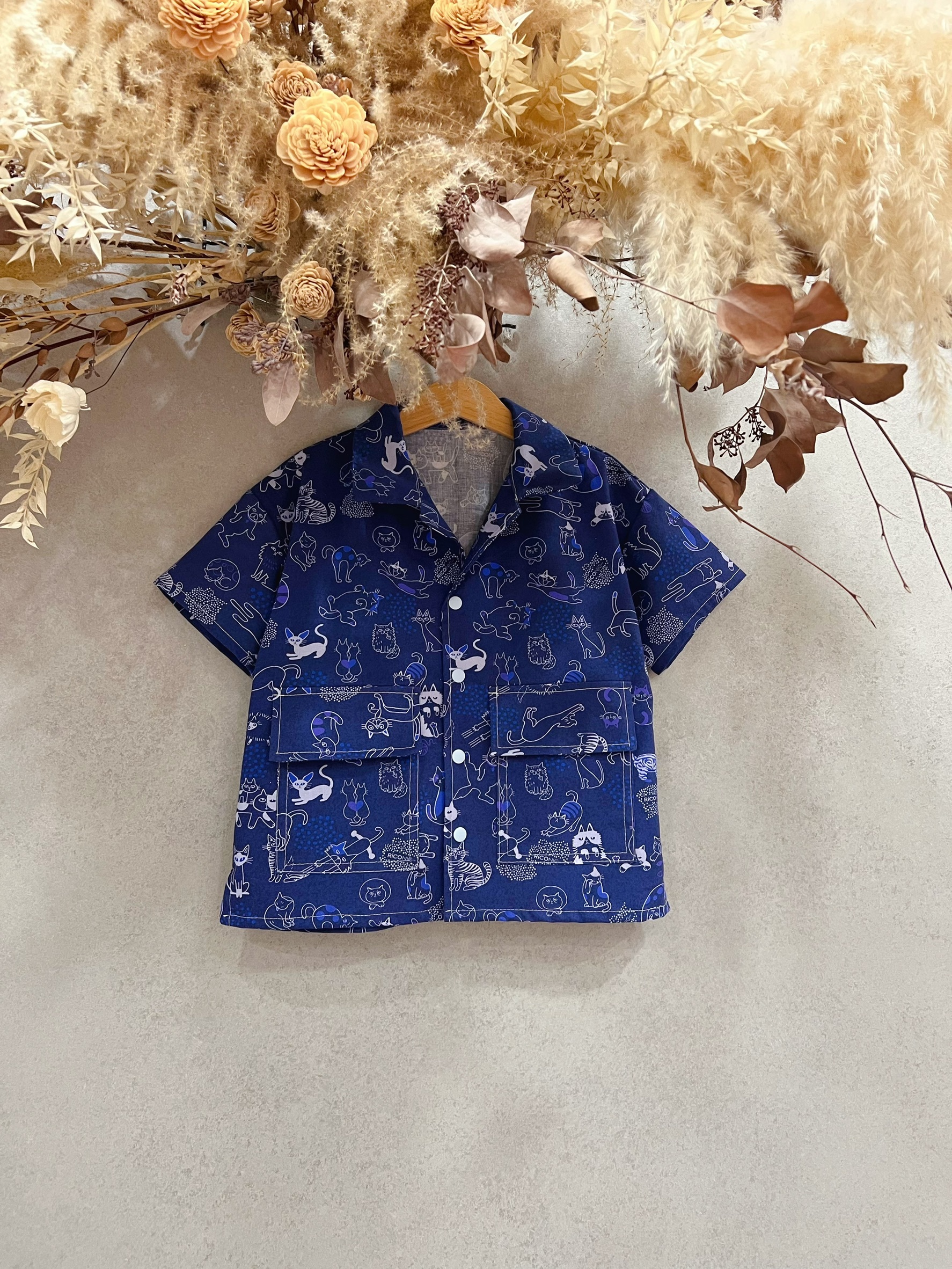 藍慵懶貓咪 古巴襯衫 (100)