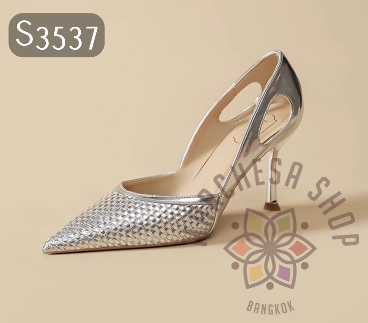 S3537 - 頭層羊皮中空凹凸紋尖頭高踭鞋