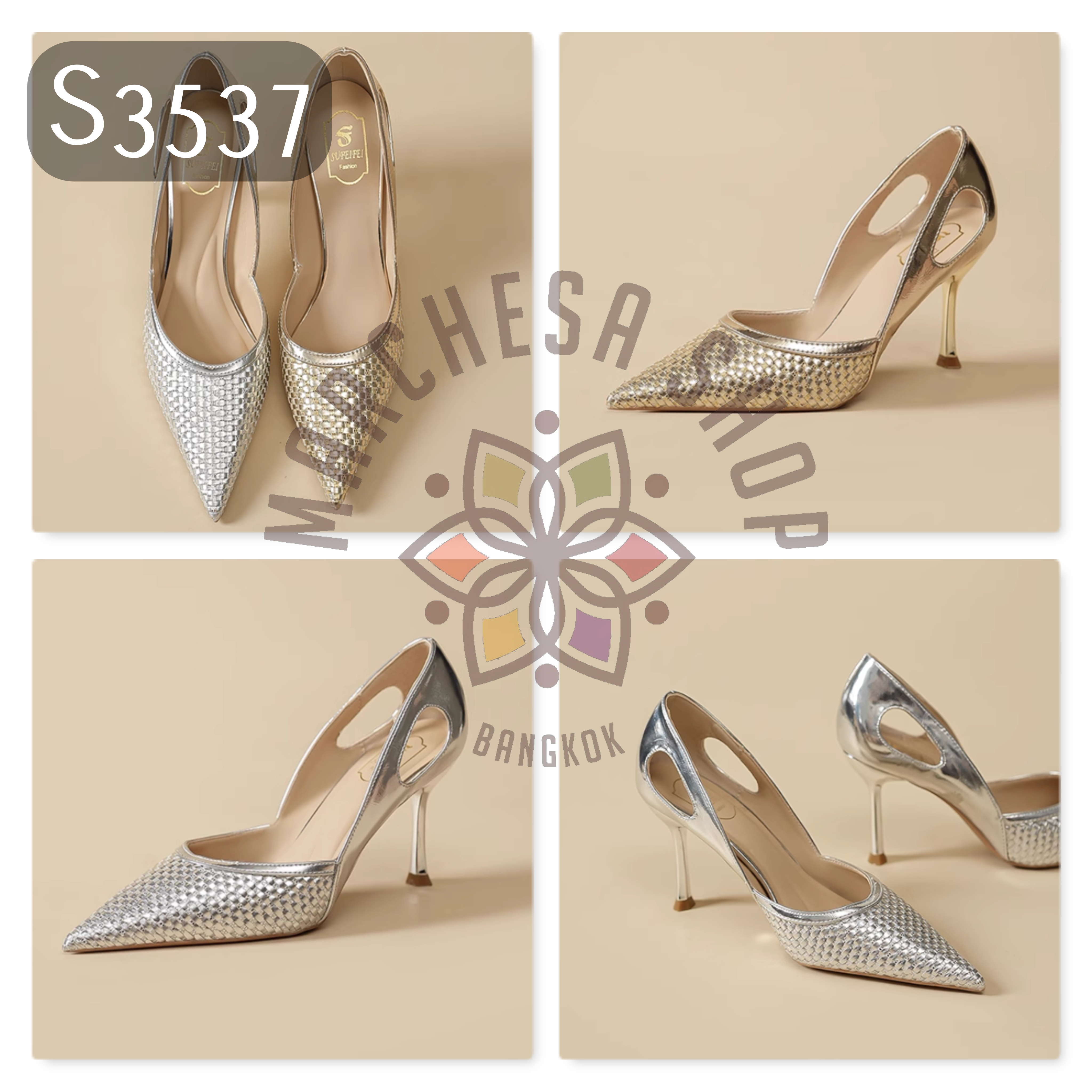 S3537 - 頭層羊皮中空凹凸紋尖頭高踭鞋