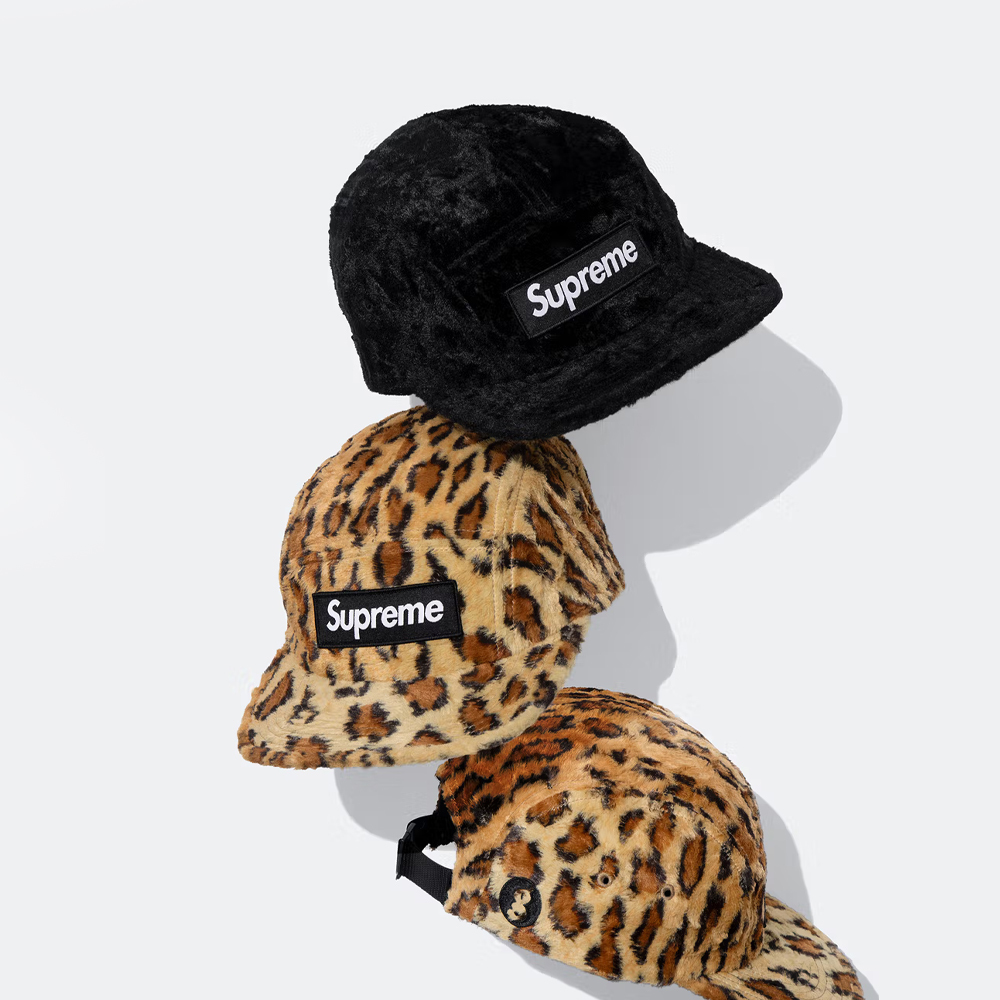 聯名款 Supreme/GOODENOUGH Crushed Rayon Camp Cap 25SS 藤原浩 豹紋 黑色 搖粒絨 老帽 休閒鞋帽