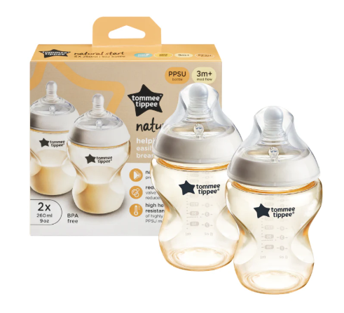 Tommee Tippee Natural Start 260ml PPSU Bottle with Super Soft Medium Flow Nipple (2 Pack)