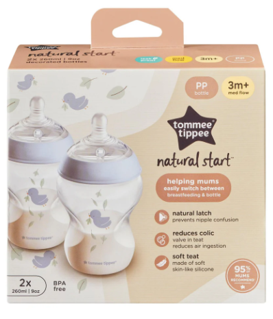 Tommee Tippee Natural Start PP 260ml Printed Bottle with Extra Soft Medium Flow Nipple (2 Pack)