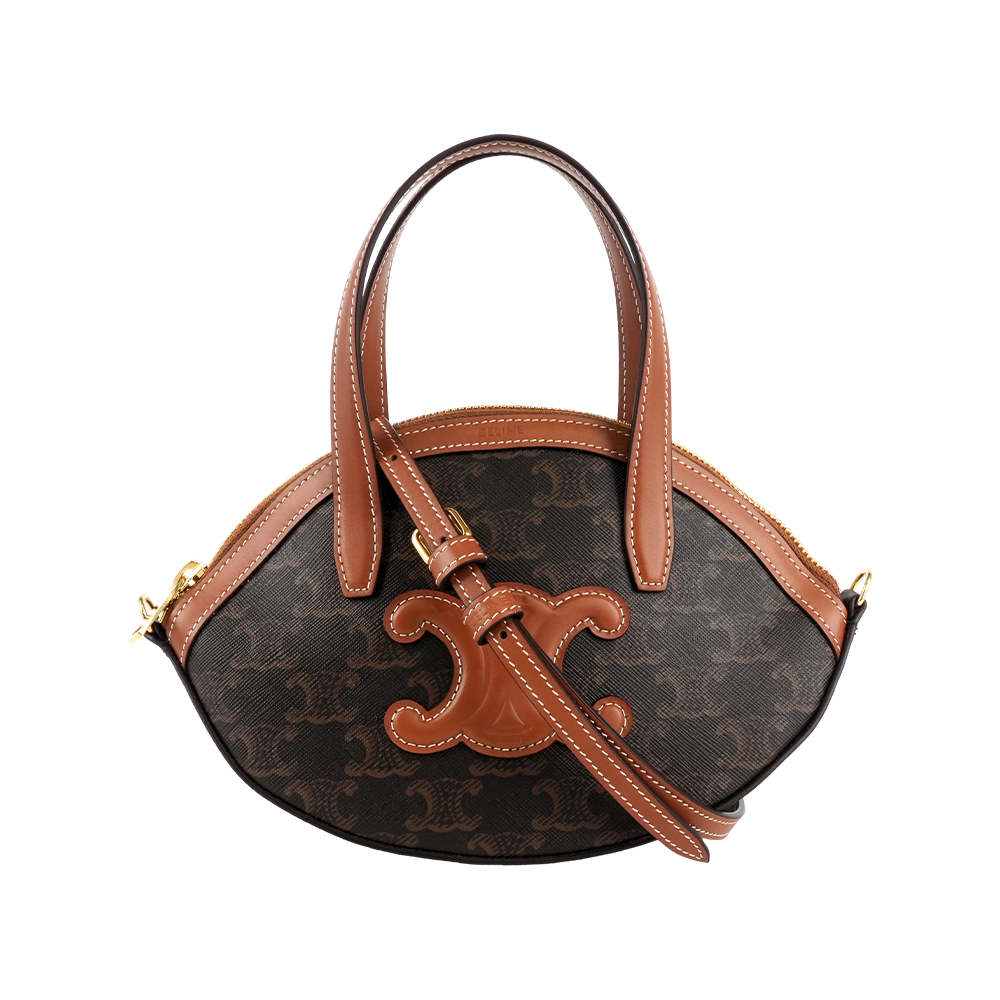 【CÉLINE】Oval 塗層帆布及牛皮橢圓造型拉鍊二用包(棕褐色)