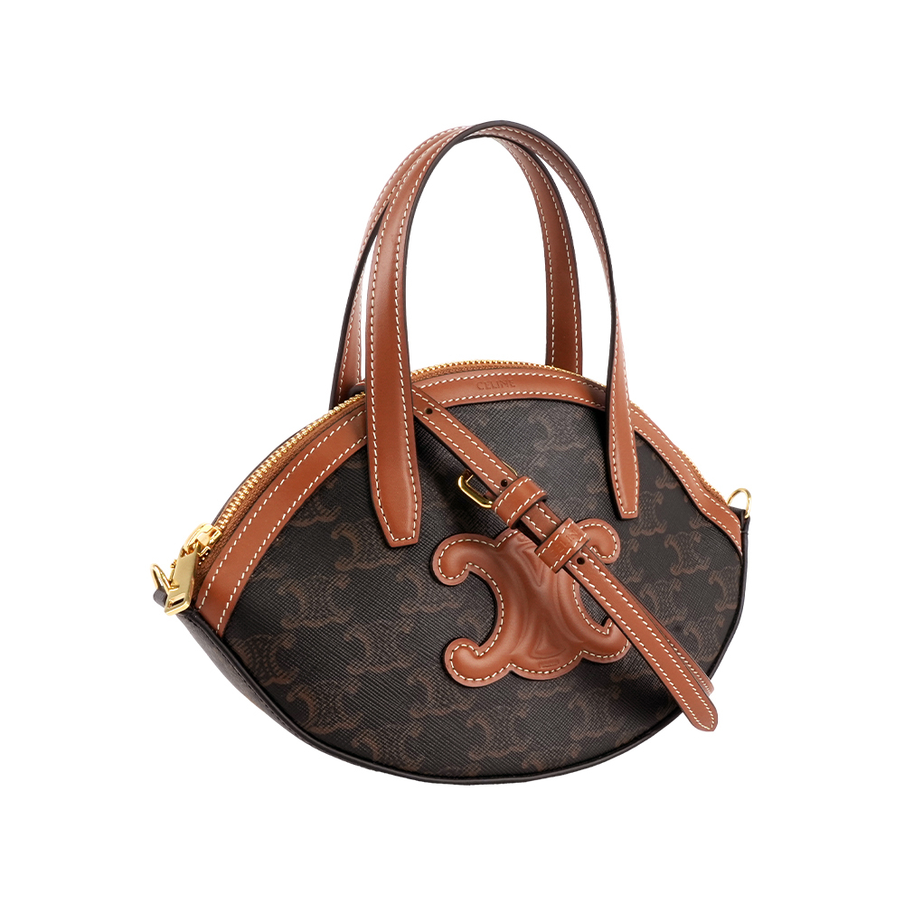 【CÉLINE】Oval 塗層帆布及牛皮橢圓造型拉鍊二用包(棕褐色)