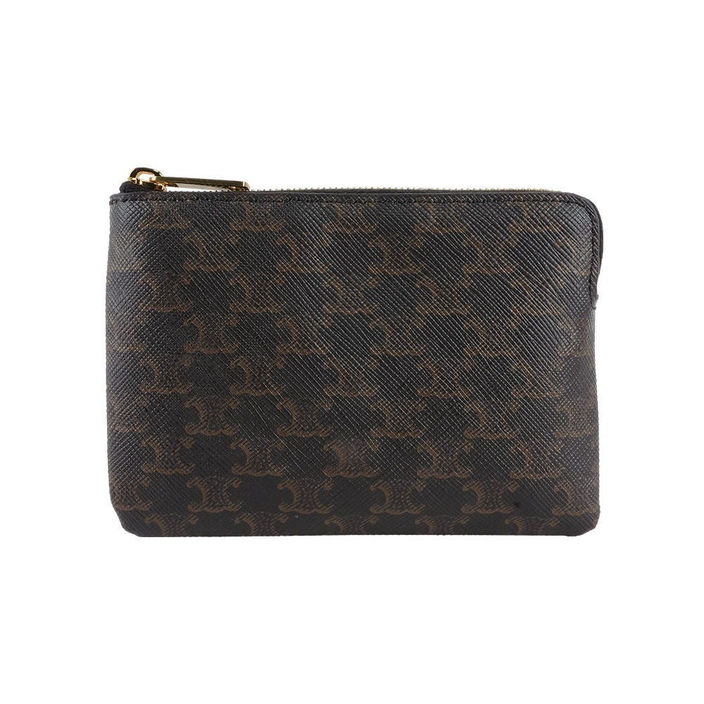 【CÉLINE】滿版凱旋標誌帆布附釦環拉鍊卡夾/零錢包(黝黑色)