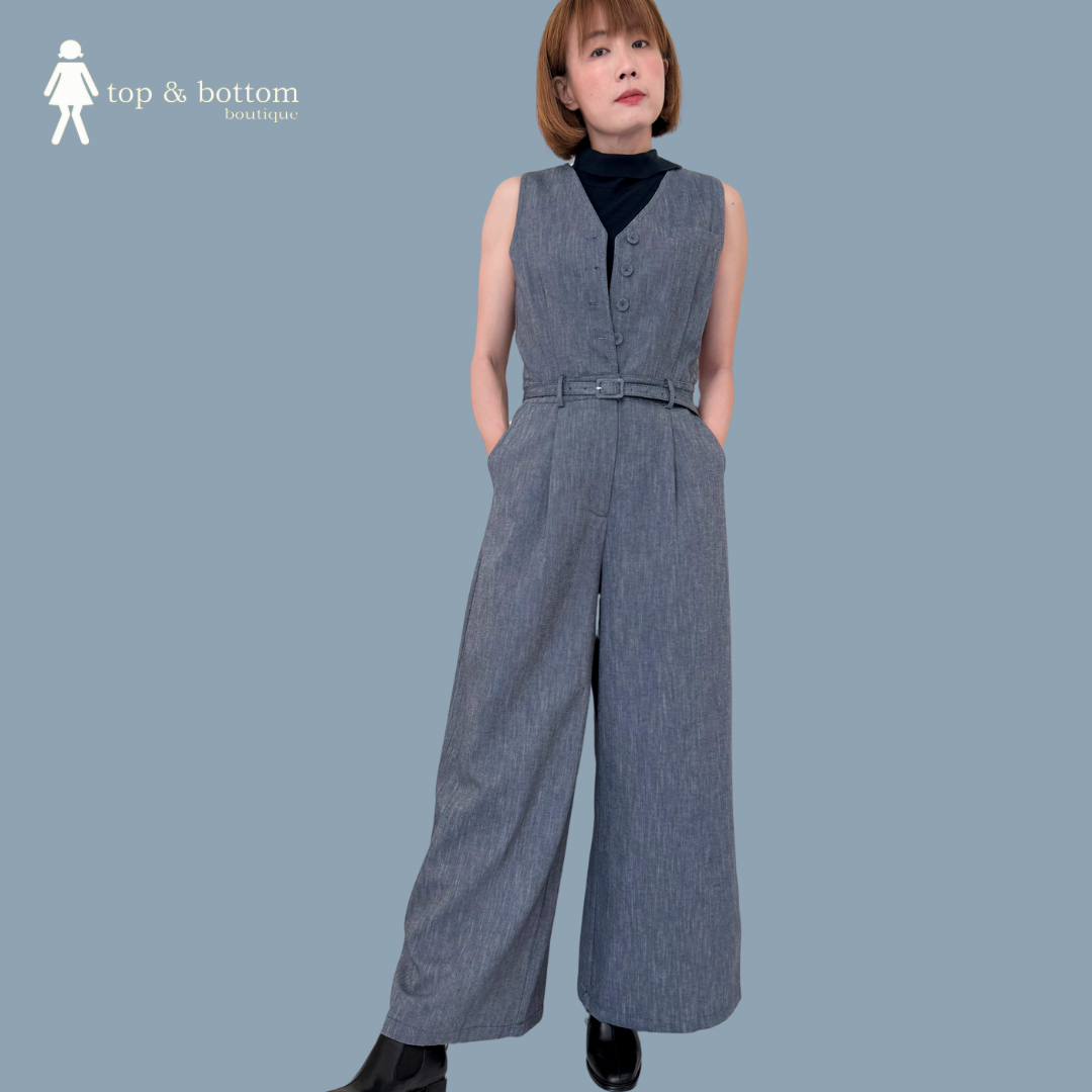 DENIM BELTED BUTTON DOWN LONG JUMPSUIT