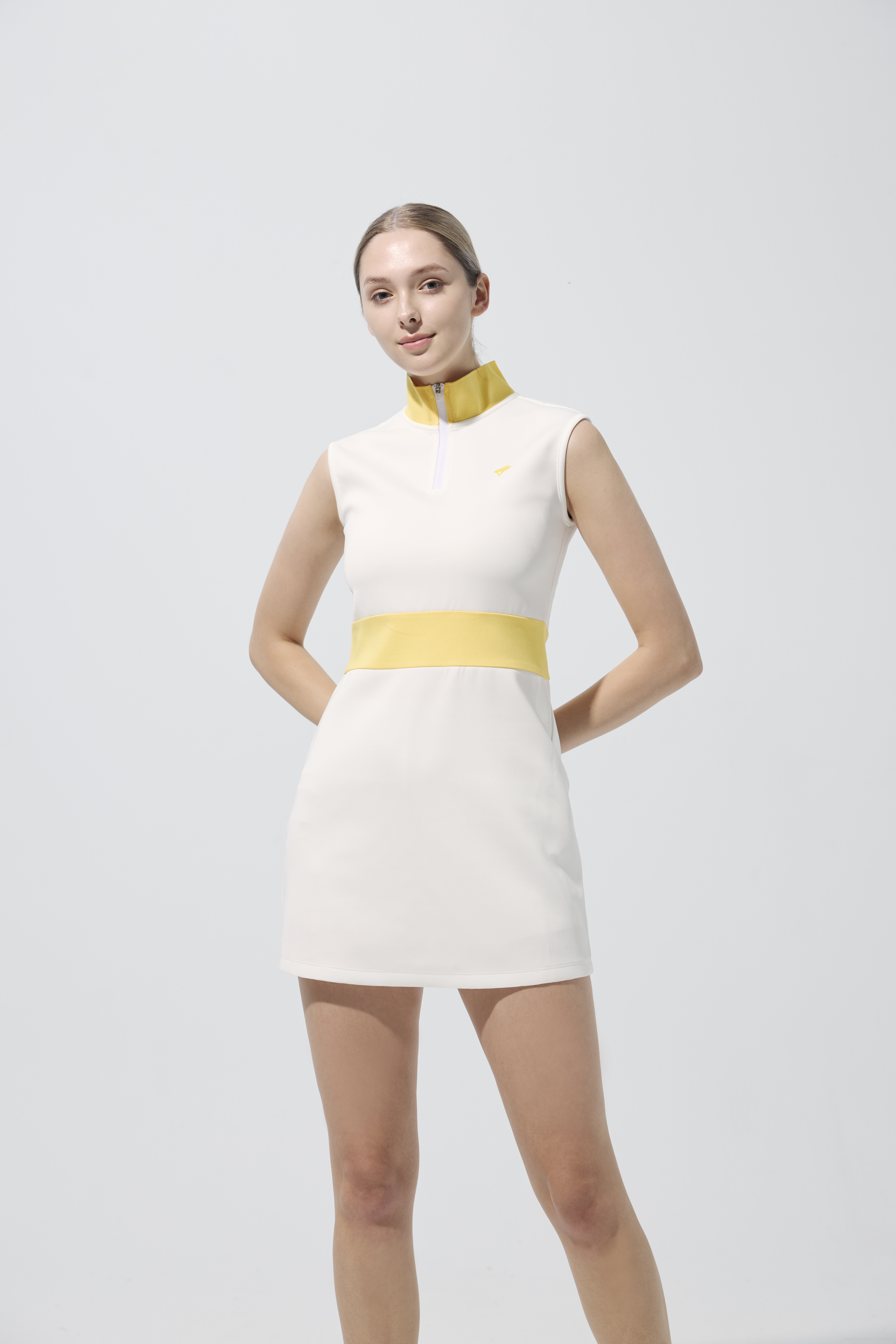 法式馬術者高領連身裙-奶油黃