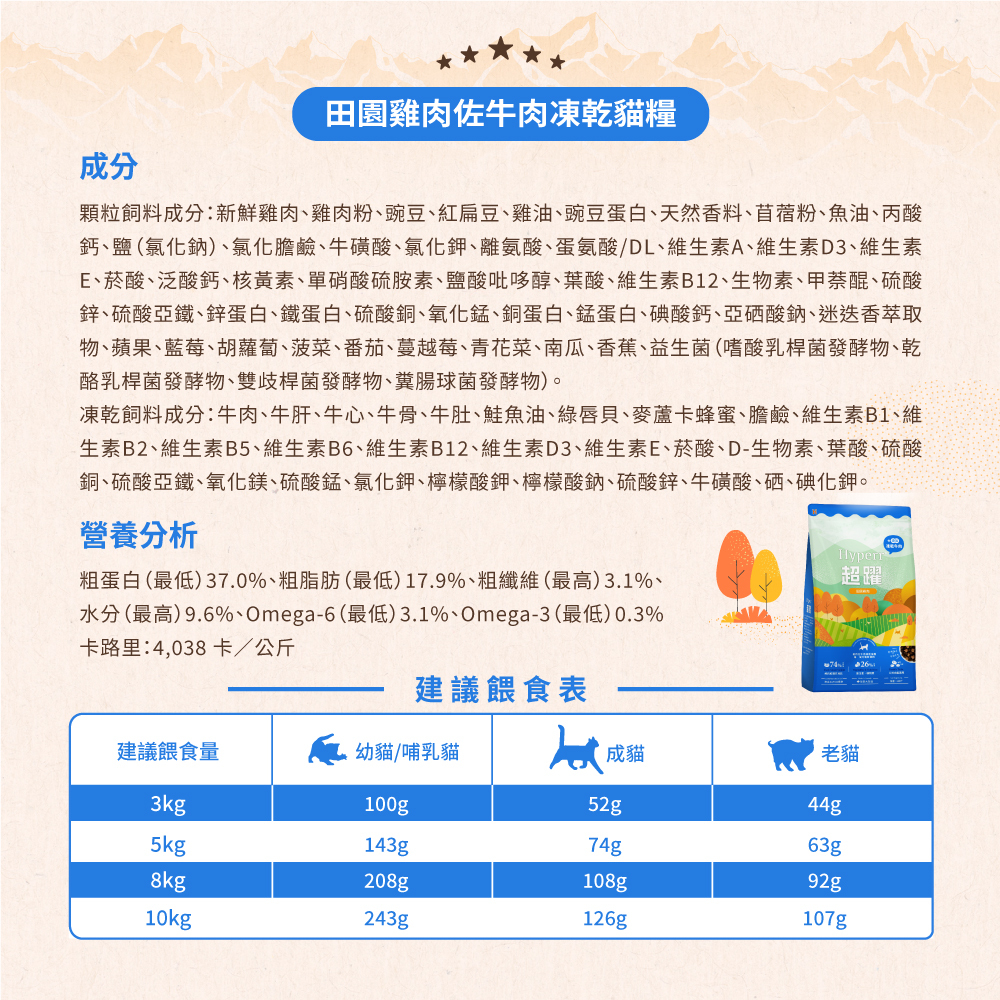 貓咪主食牛肉雞肉天然糧佐凍乾營養成分表