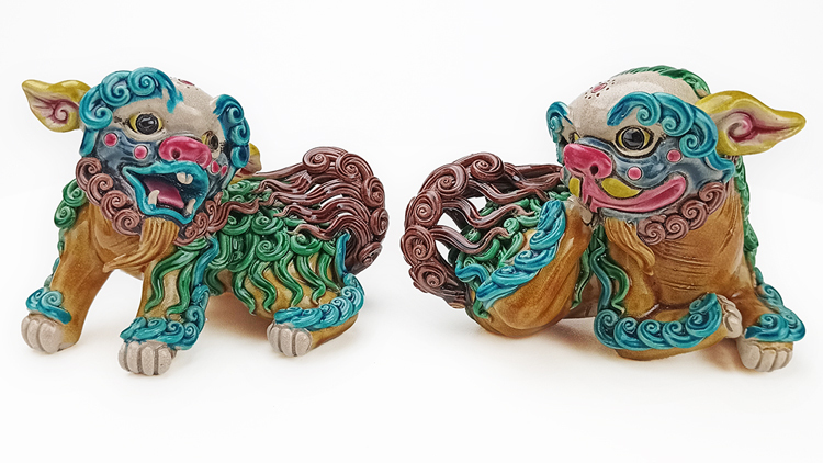 鹿港窯禮品館│鹿港窯│手工交趾陶細毛小對獅│傳統藝術珍藏禮品