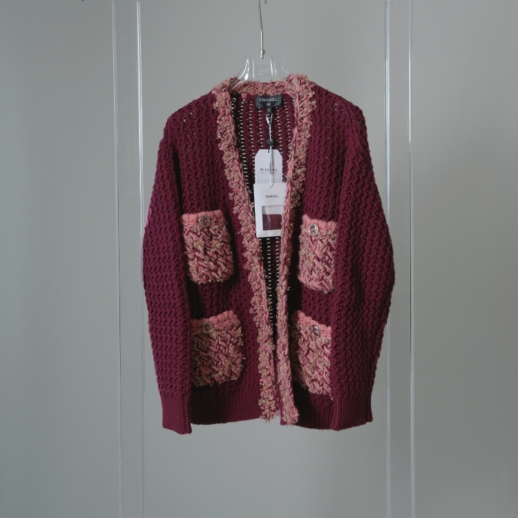 Chanel 紅色四格粉紅口袋針織開衫 34/36號