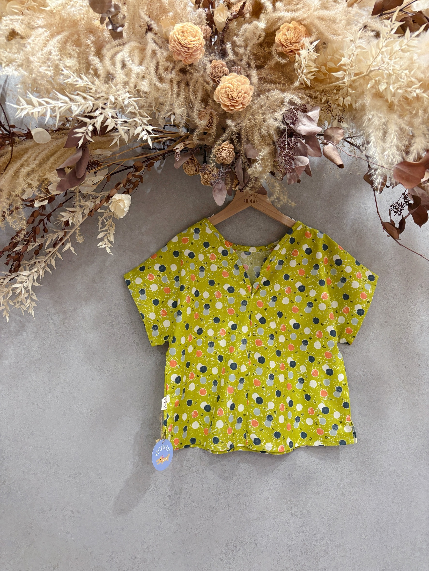 童趣綠彩水玉 V領短袖上衣 (140)