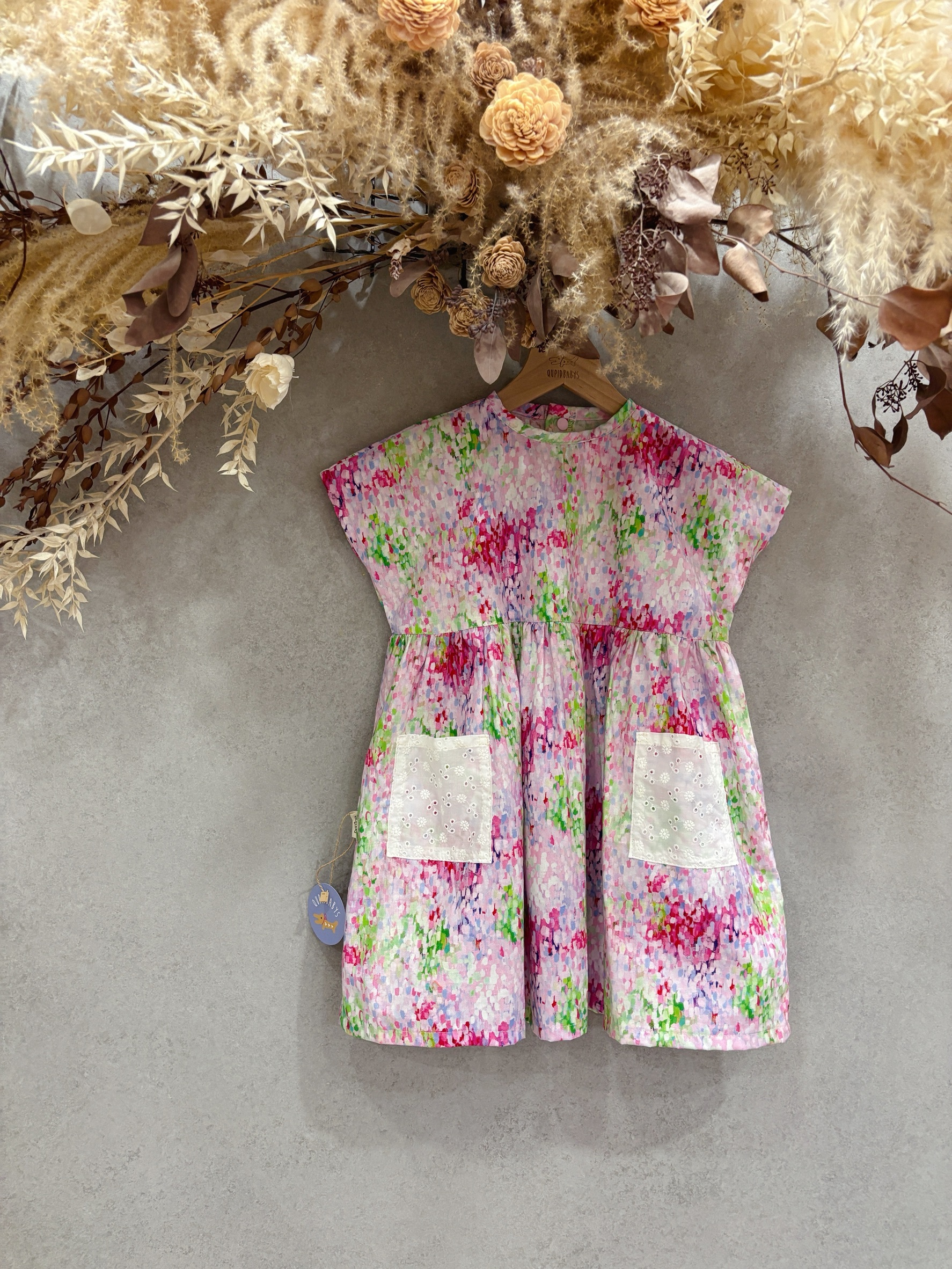 粉斑斕 田園口袋短袖洋裝 (110)