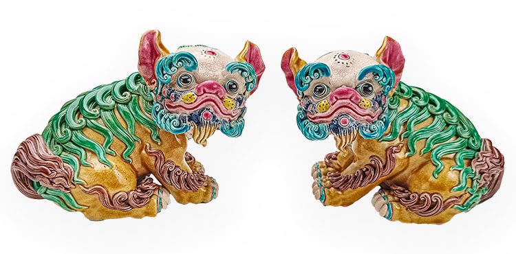 鹿港窯禮品館│鹿港窯│手工交趾陶5吋細毛小對獅│傳統藝術珍藏禮品