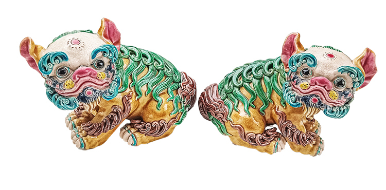 鹿港窯禮品館│鹿港窯│手工交趾陶5吋細毛小對獅│傳統藝術珍藏禮品