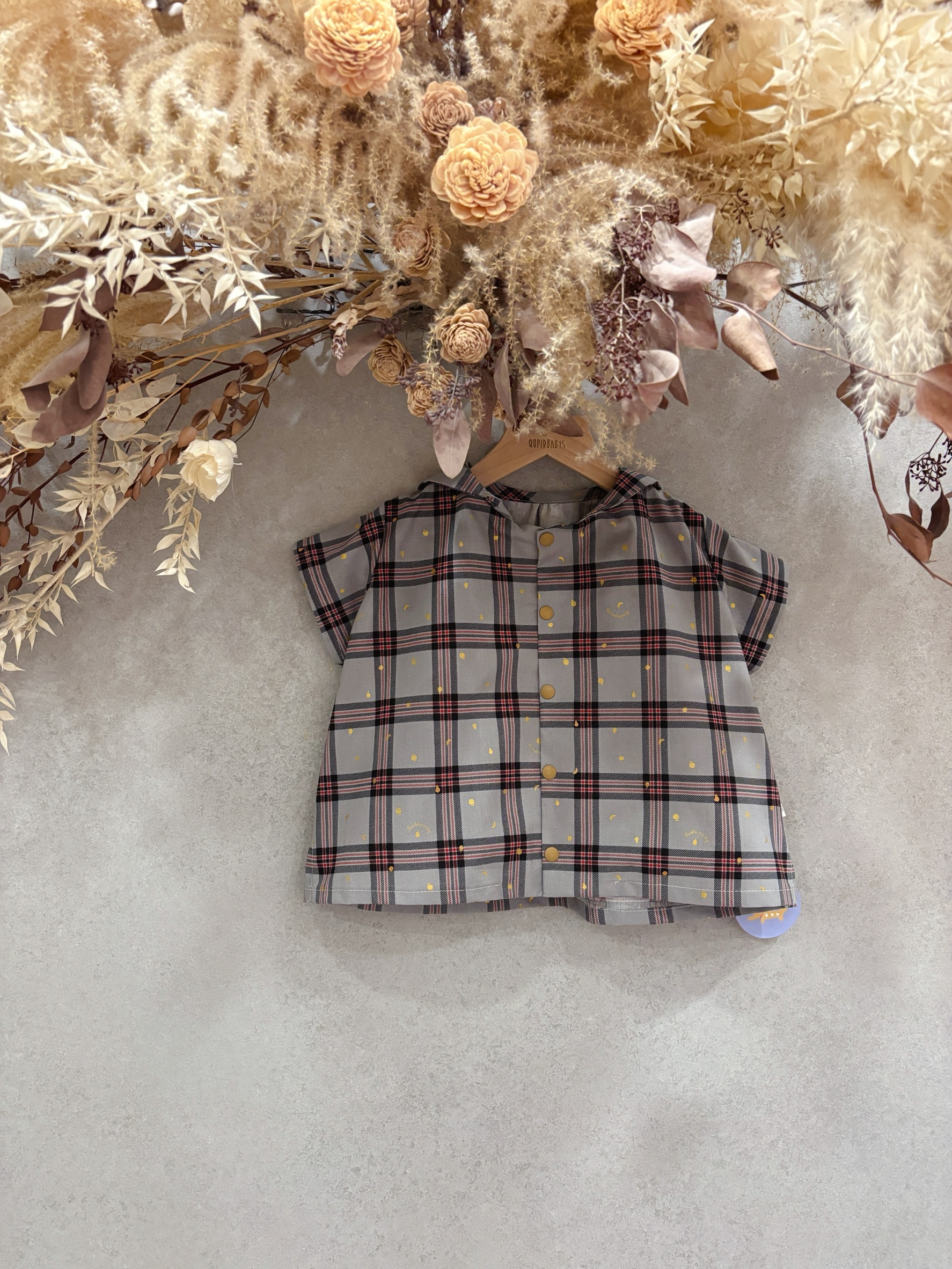 燙金灰格水果 海軍領短袖上衣 (100)