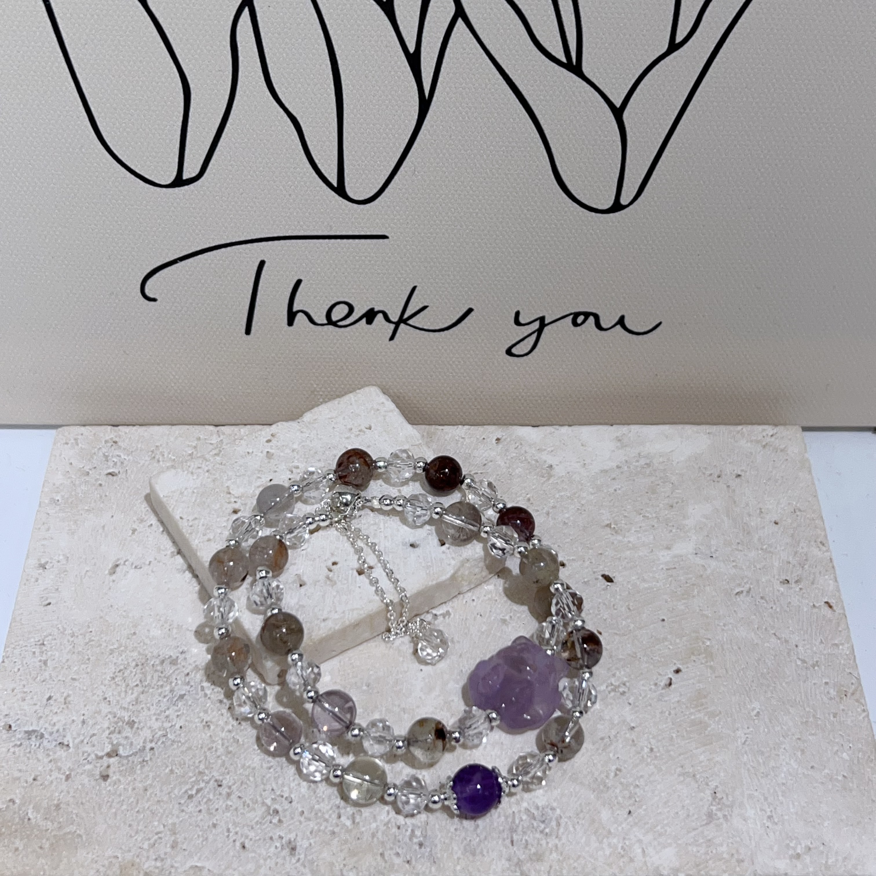 紫水晶九尾狐拼紫幽靈白水晶純銀抽拉手鏈