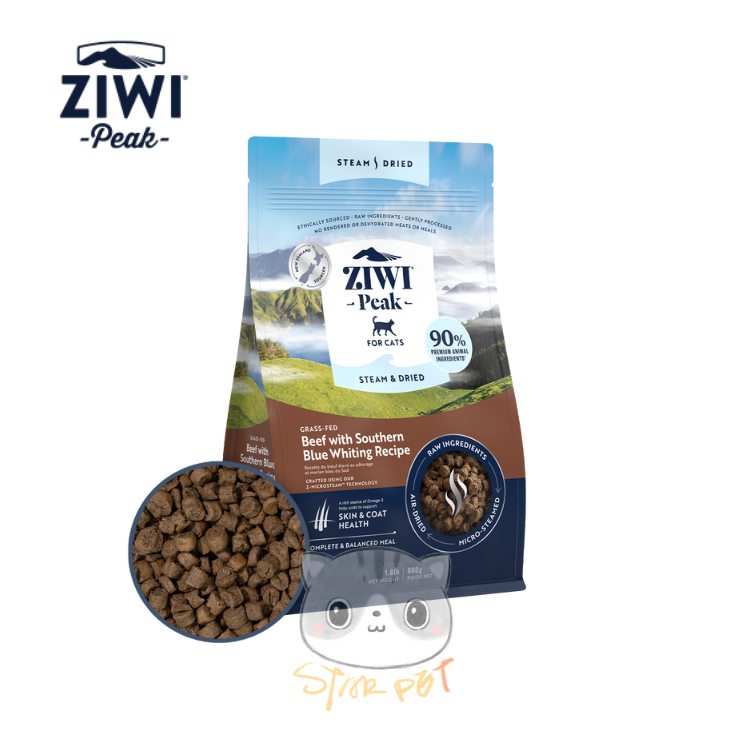 ZiwiPeak Steam & Dried For Cats - Grass-fed Beef with Southern Blue Whiting 800g