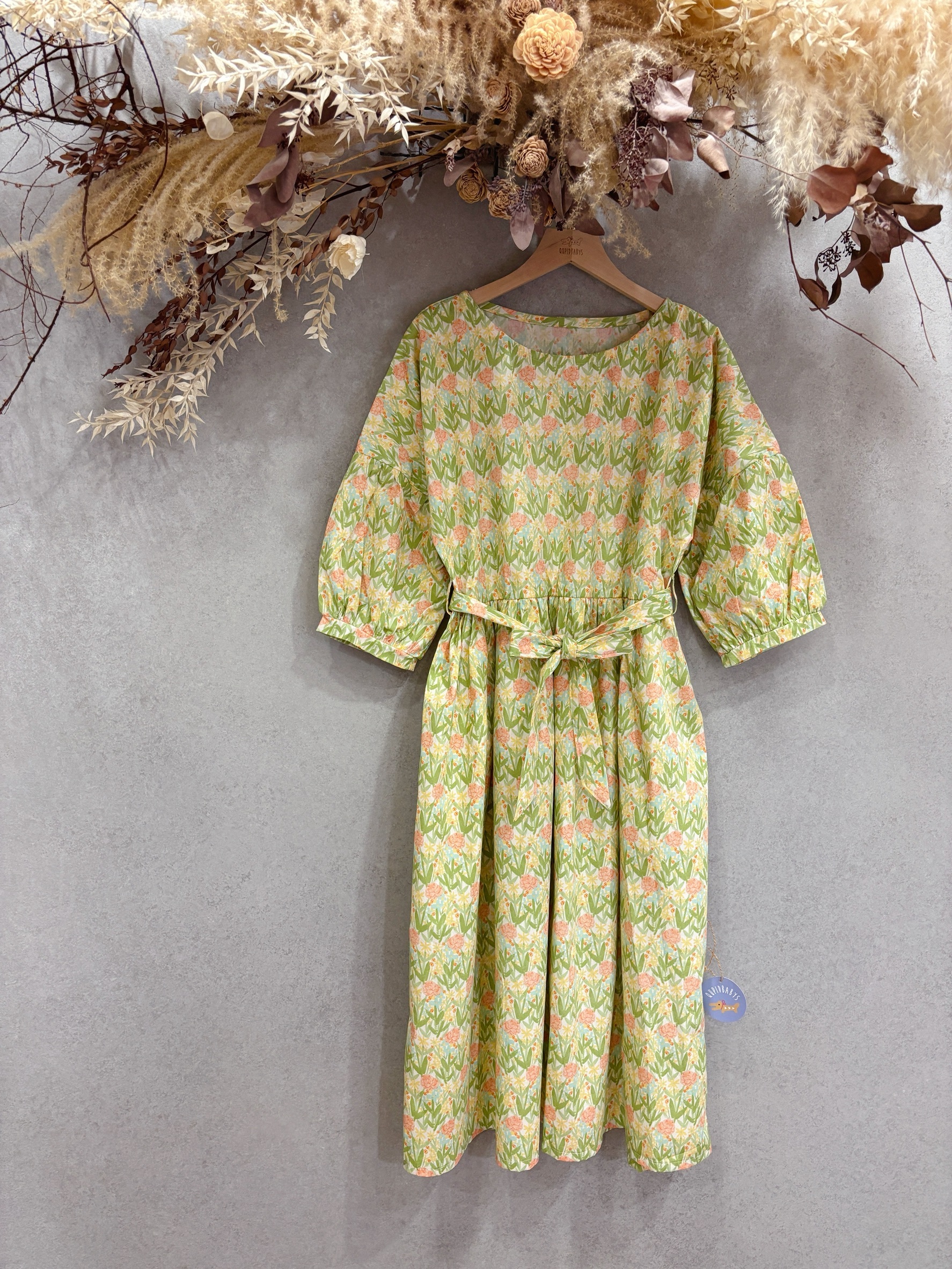 青綠小花 媽咪午茶長洋裝