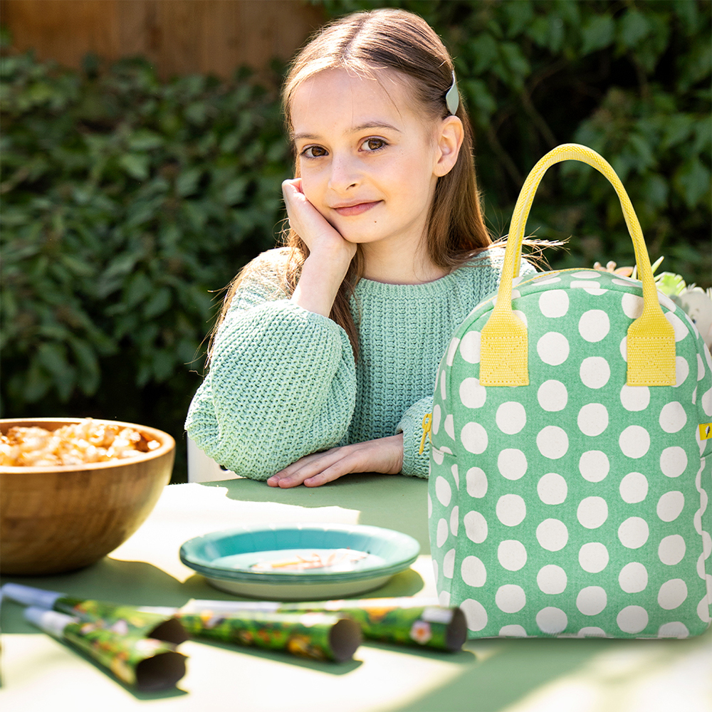 拉鍊隨手袋【波卡圓點綠白】-加拿大Fluf有機棉