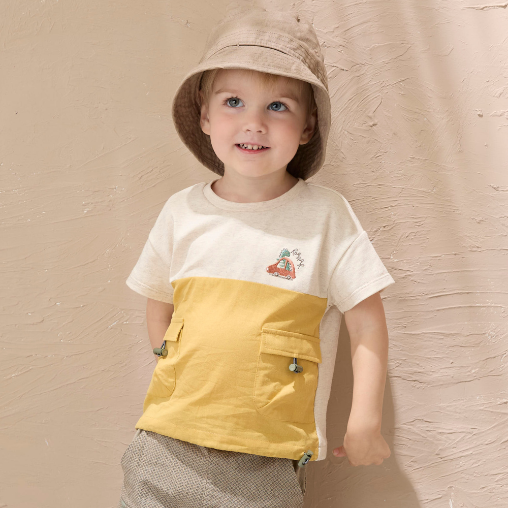 PIPPY兩色拼接工裝雙口袋刺繡抽繩棉質短袖上衣 黃