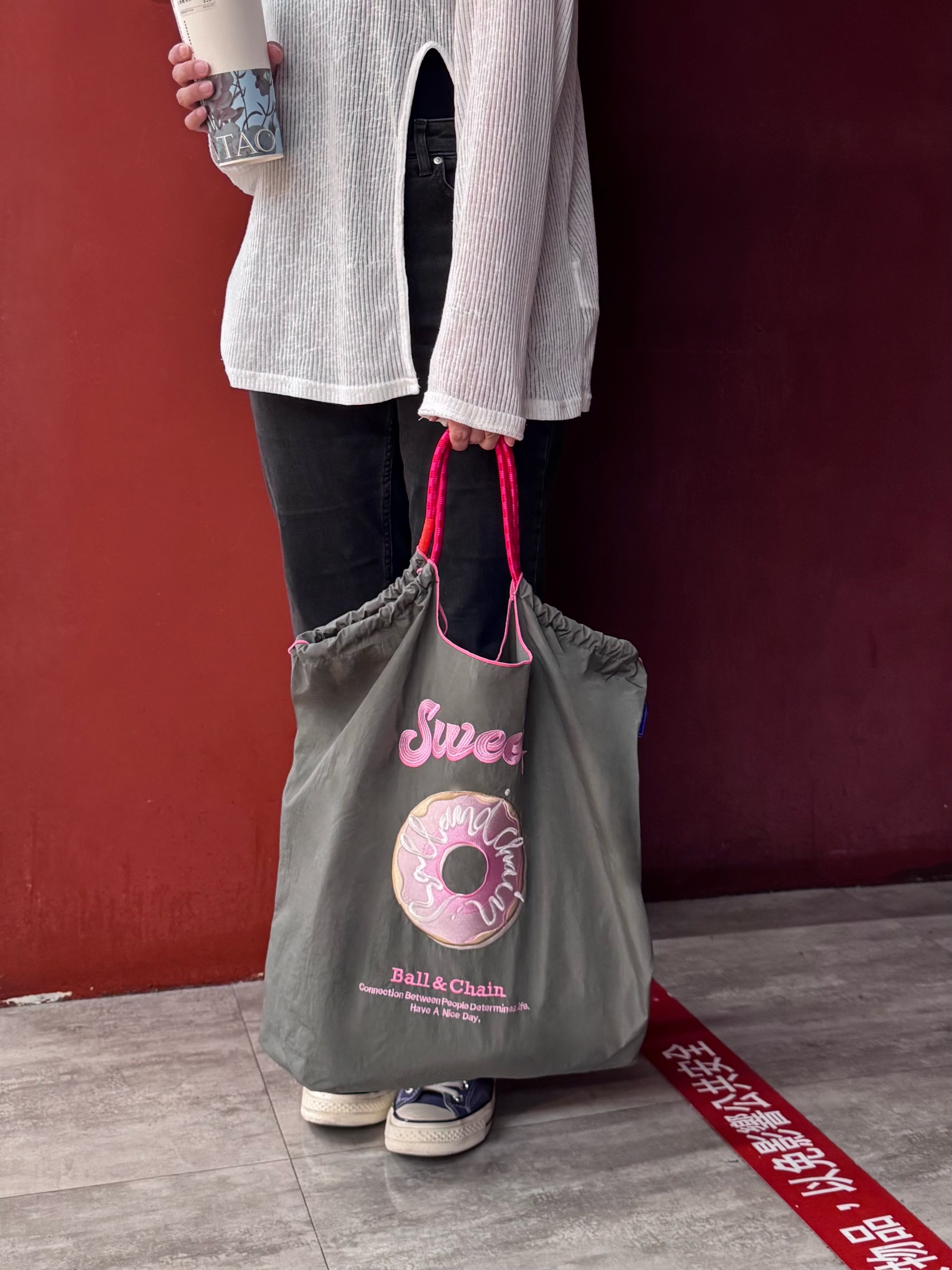 Ball＆Chain 刺繡環保購物袋 L號 - 深灰 (30110561)