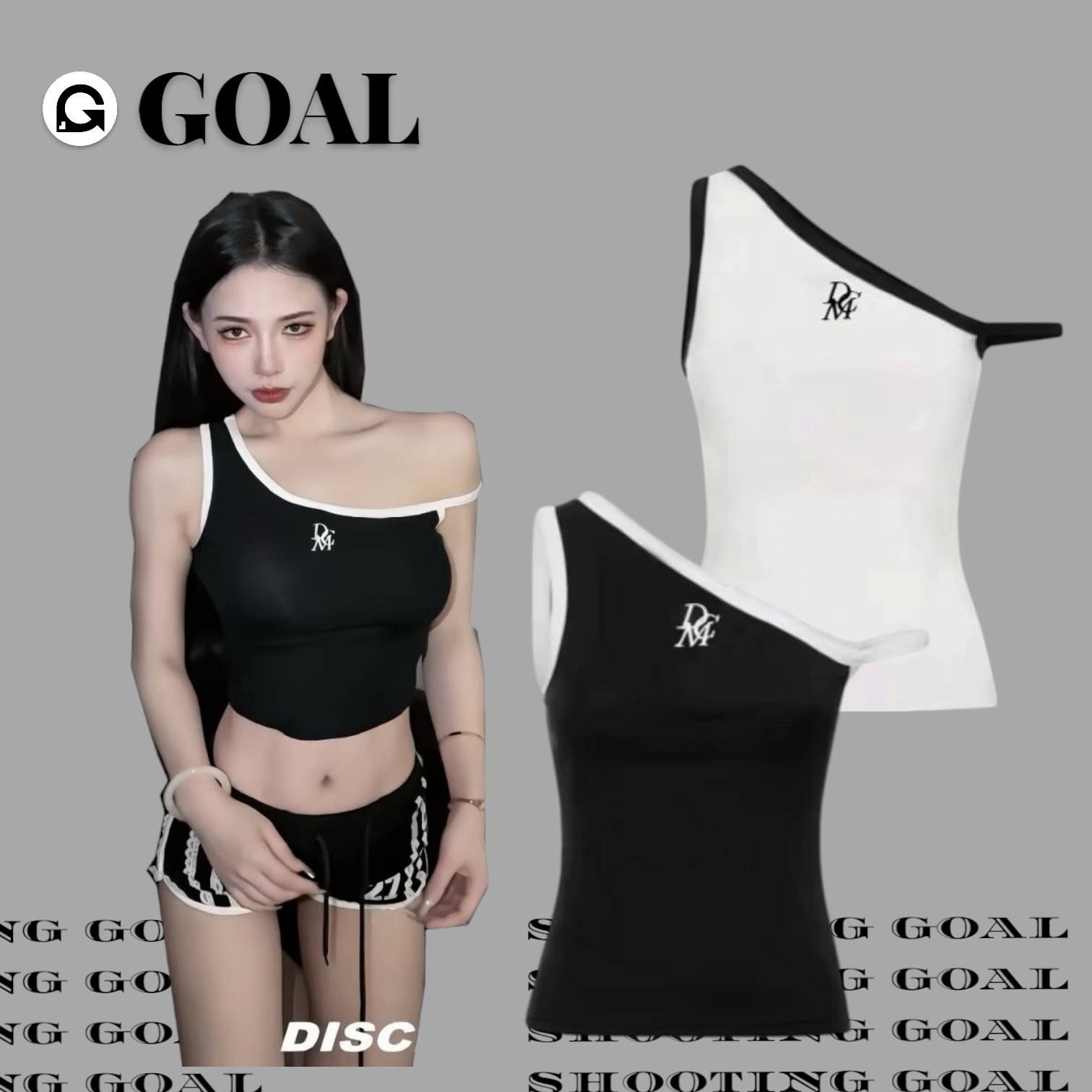 (GOAL) DCM 不對稱 刺繡 修身 純欲 斜肩 露肩 吊帶背心 DCM-W65