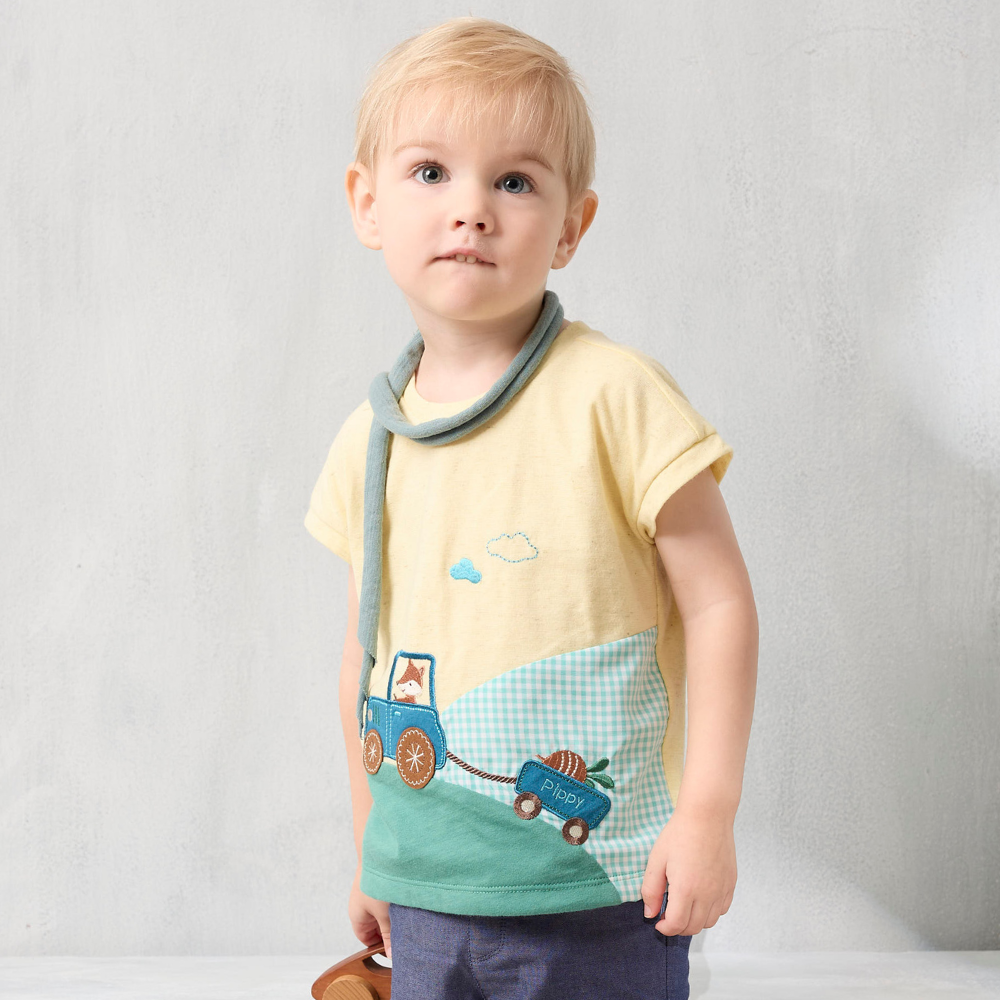 PIPPY南瓜卡車刺繡三色拼接短袖棉質上衣 黃