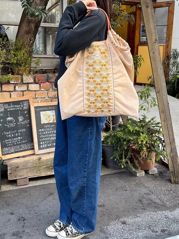 Ball＆Chain 刺繡環保購物袋 L號 - 卡其 (30114621)