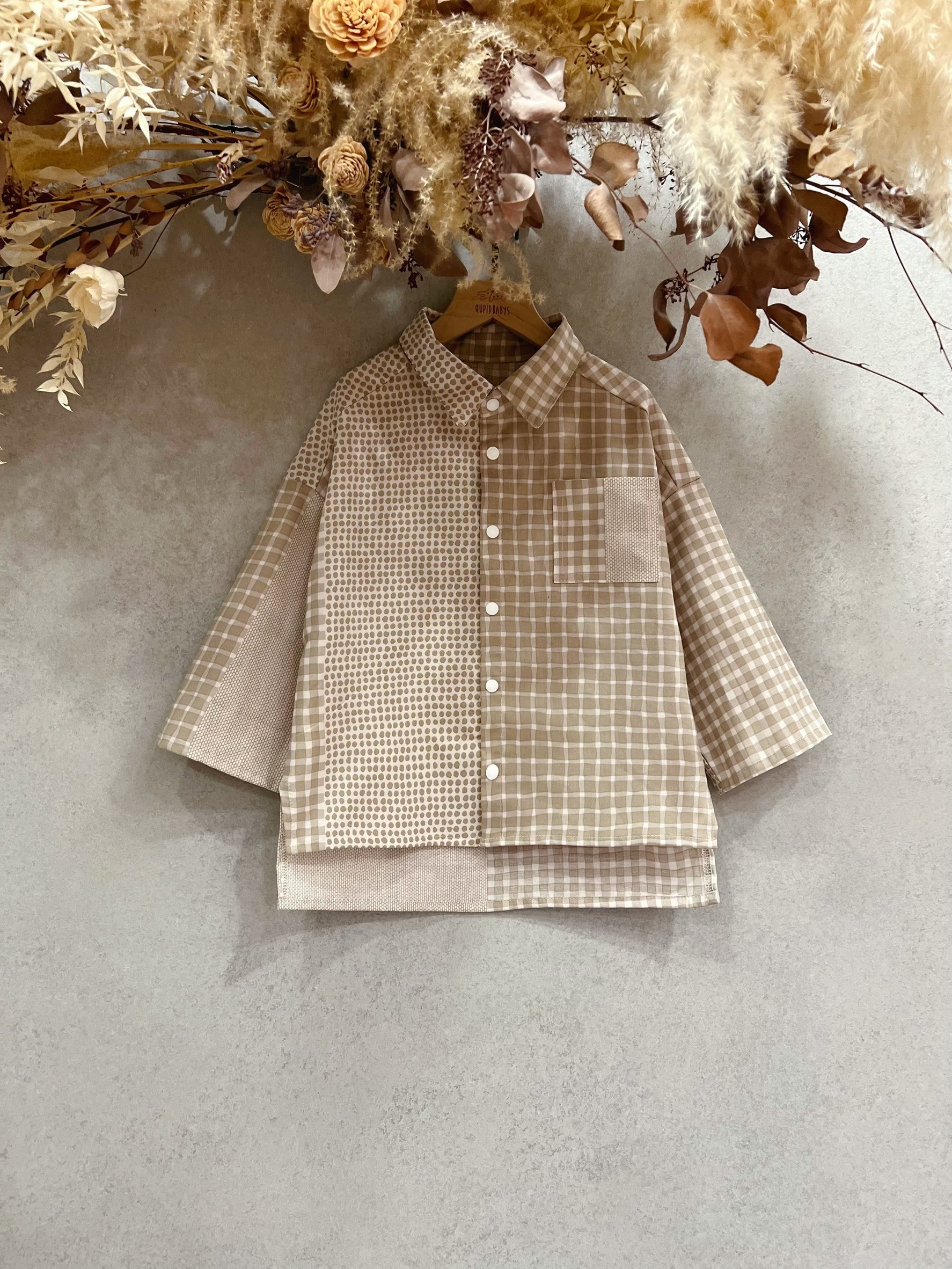 灰四宮格 七分袖襯衫 (130)