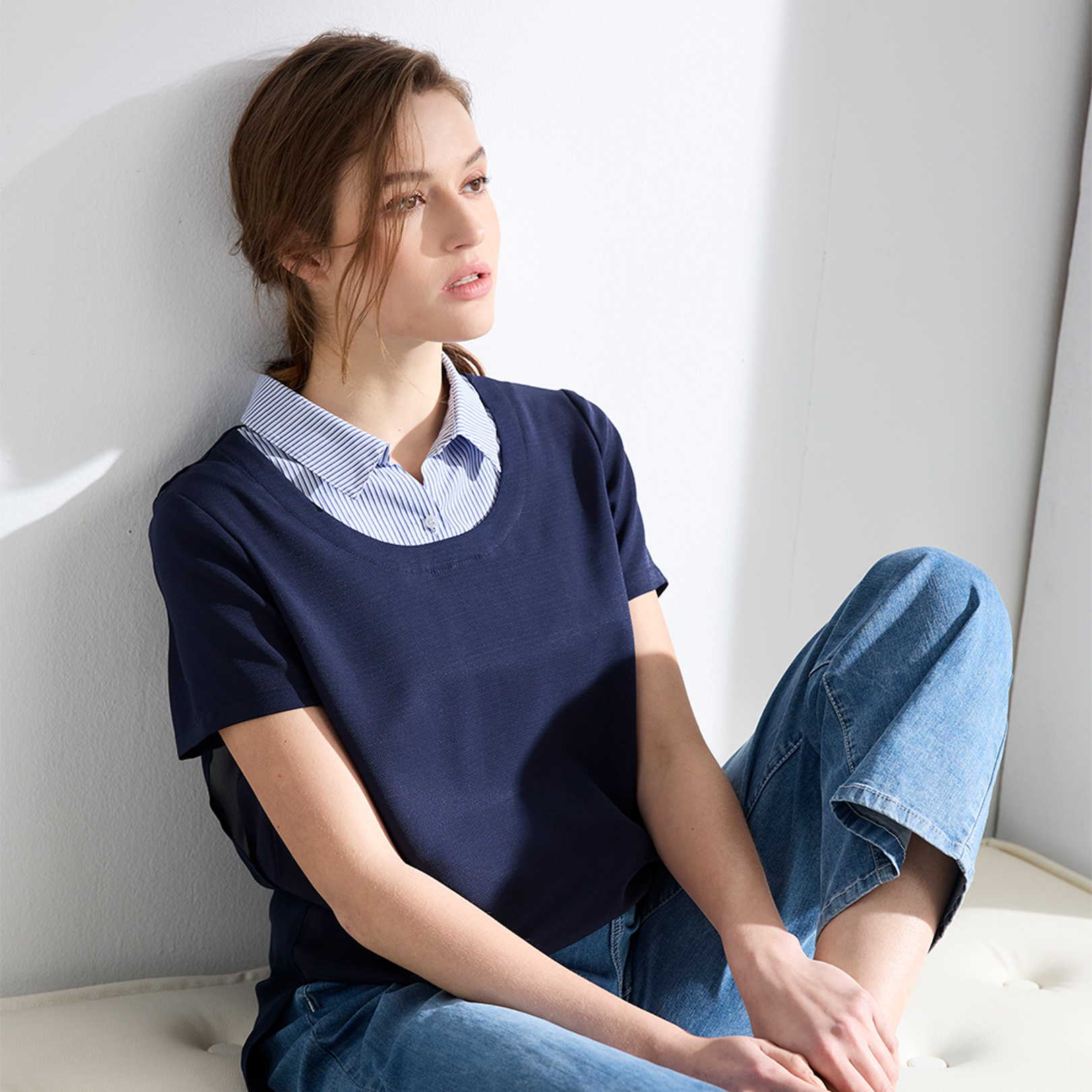 假兩件後雪紡拼接休閒上衣