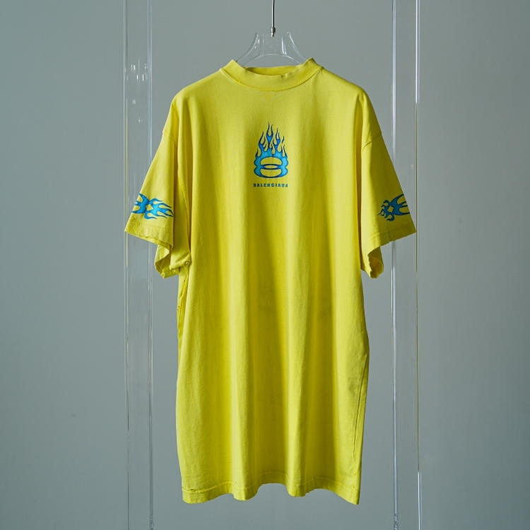 Balenciaga 黃底三個藍色火焰LOGO短袖上衣 L號