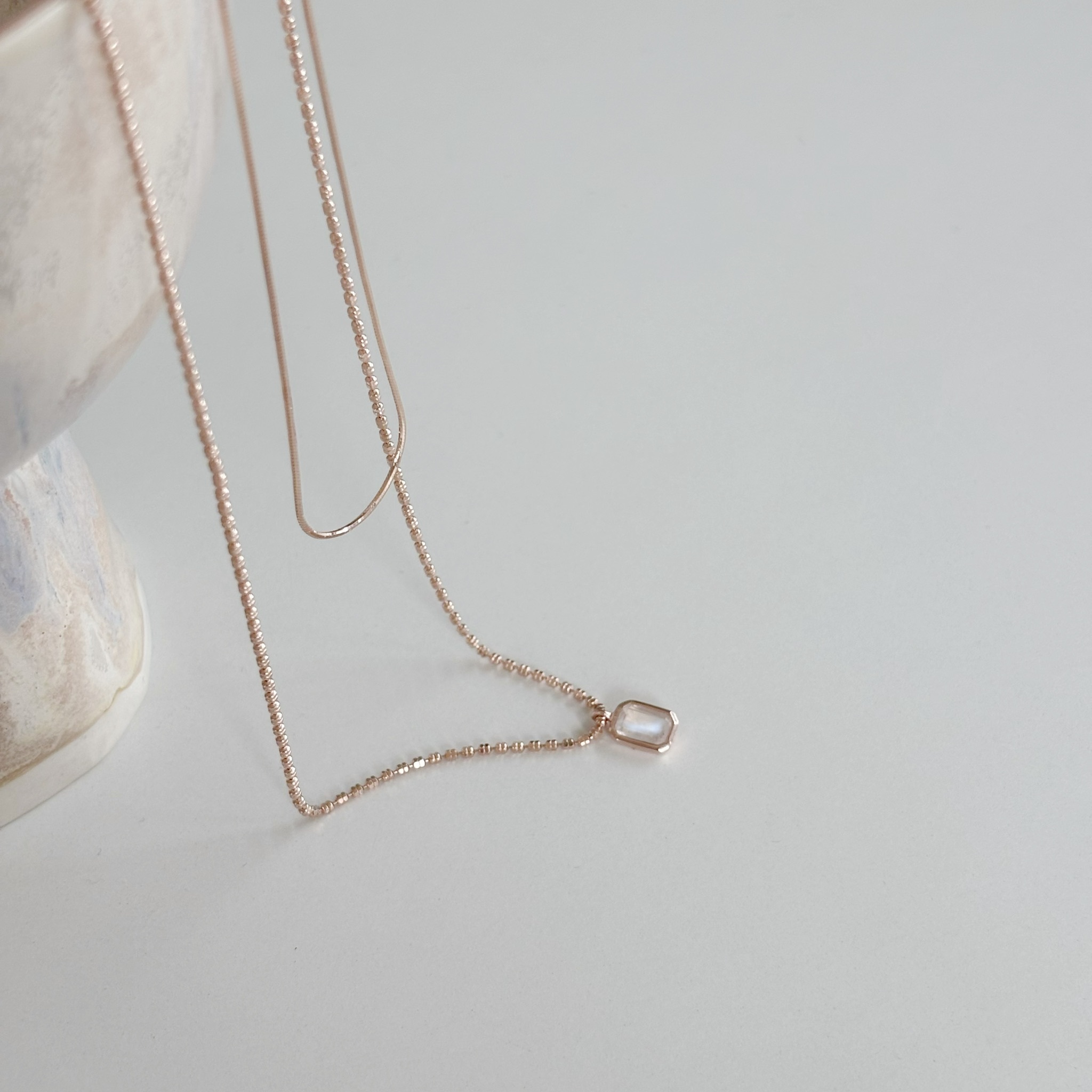 Emerald cut月光石雙層節節蛇鏈