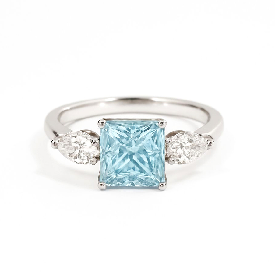 18K白金 實驗室公主方形培育藍鑽石戒指